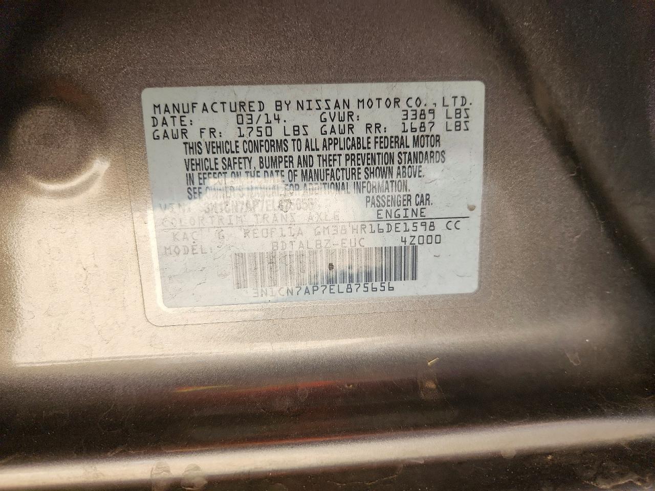 2014 Nissan Versa 1.6 Sv Gray vin: 3N1CN7AP7EL875656