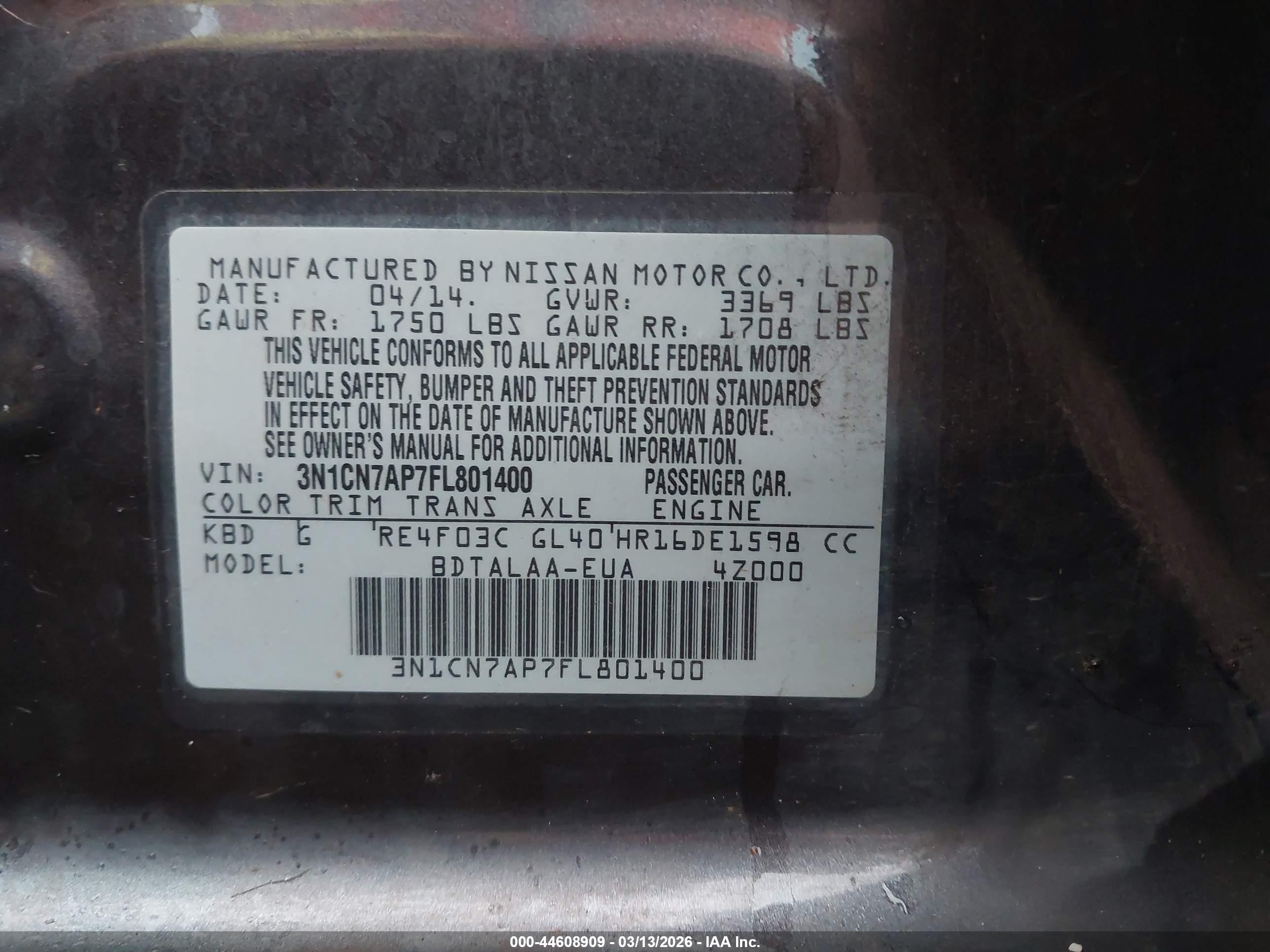 2015 Nissan Versa 1.6 S Gray vin: 3N1CN7AP7FL801400