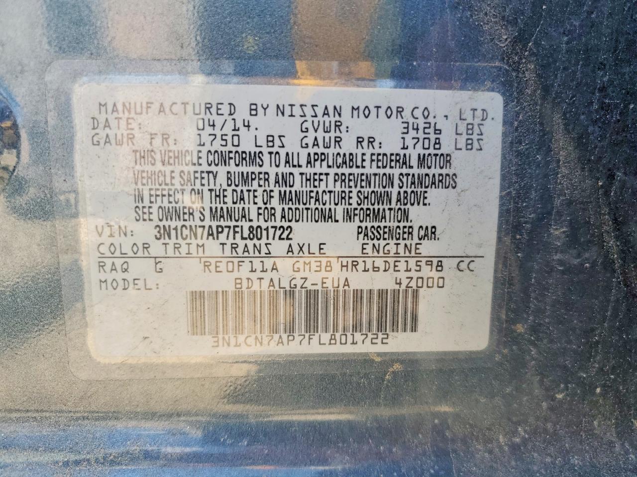 2015 Nissan Versa 1.6 Sl Charcoal vin: 3N1CN7AP7FL801722