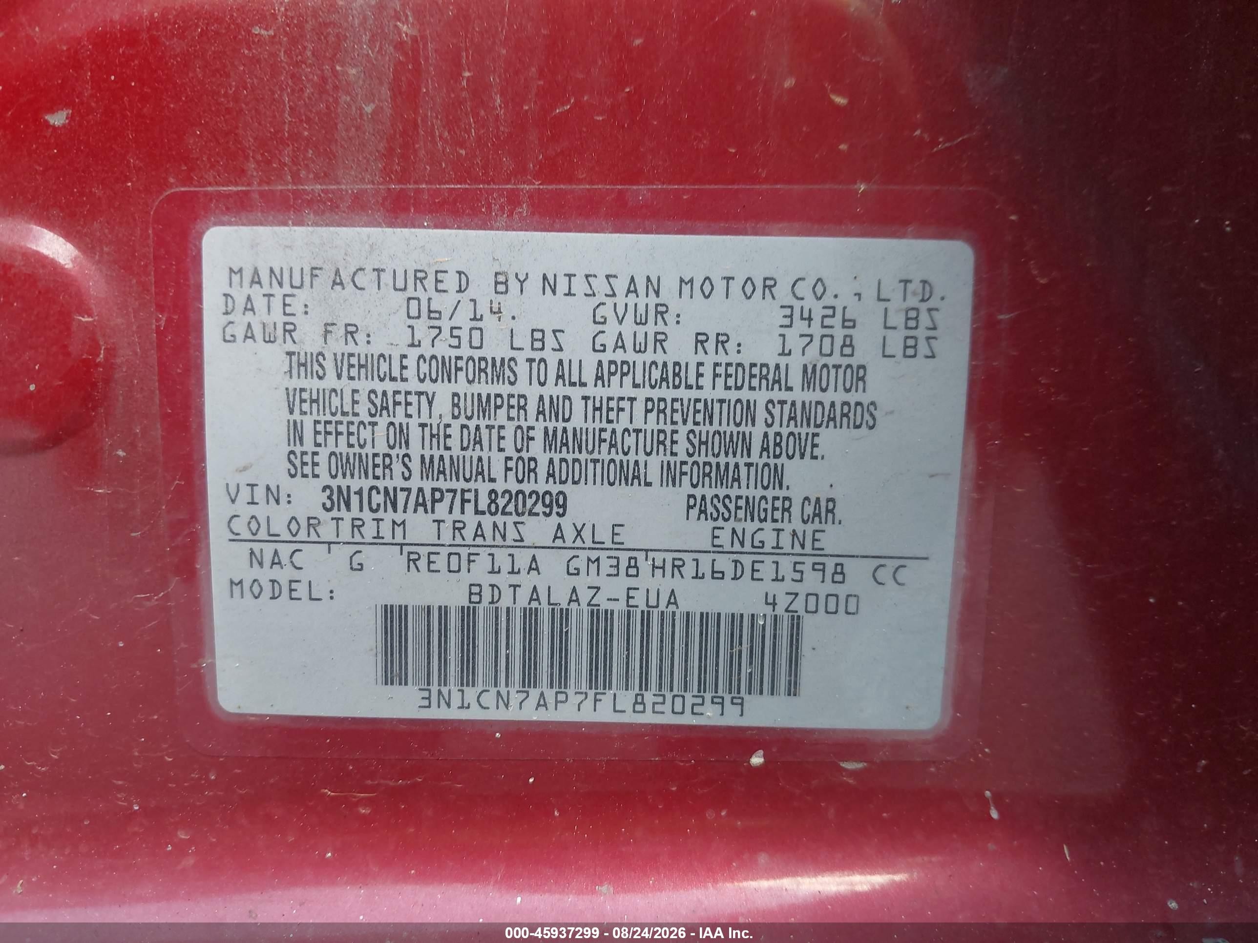 2015 Nissan Versa 1.6 S+ Red vin: 3N1CN7AP7FL820299