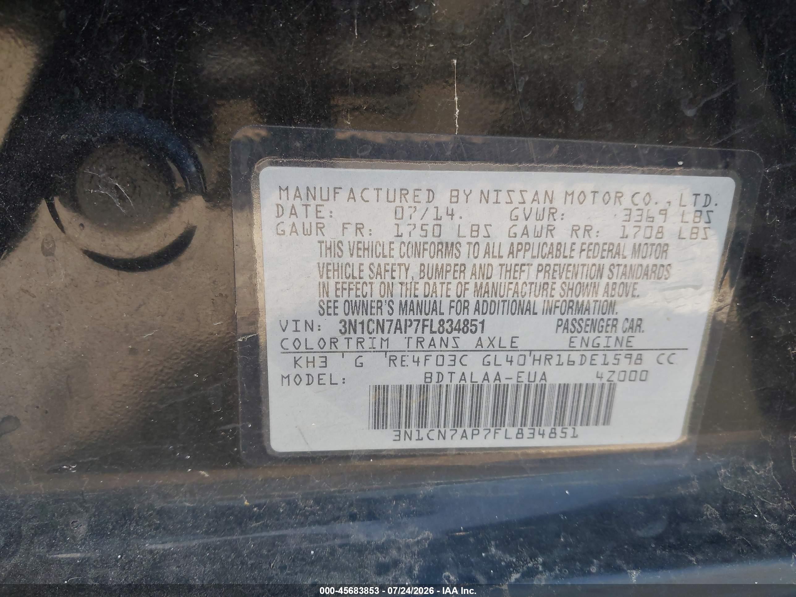2015 Nissan Versa 1.6 S Black vin: 3N1CN7AP7FL834851