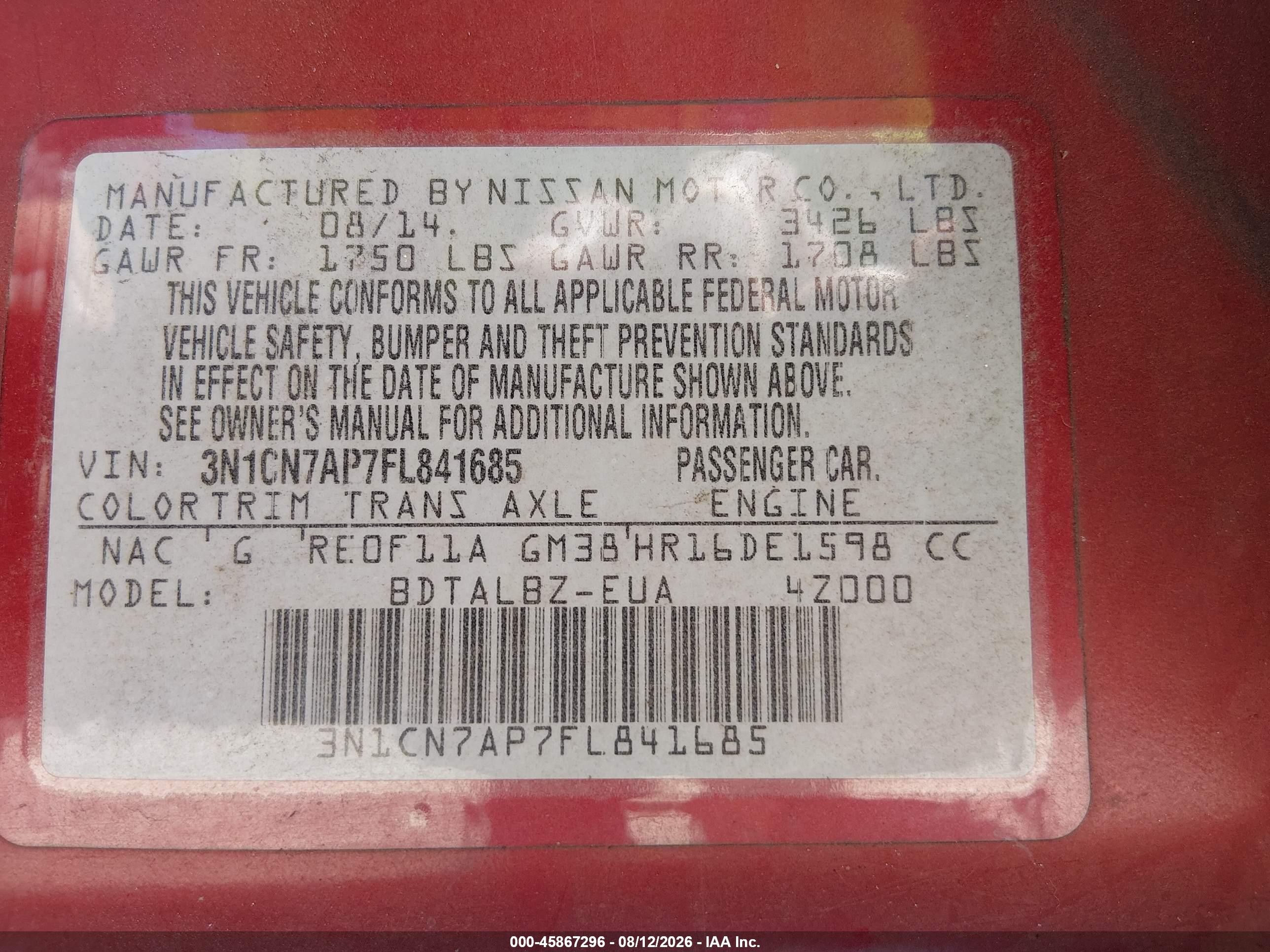 2015 Nissan Versa 1.6 Sv Red vin: 3N1CN7AP7FL841685