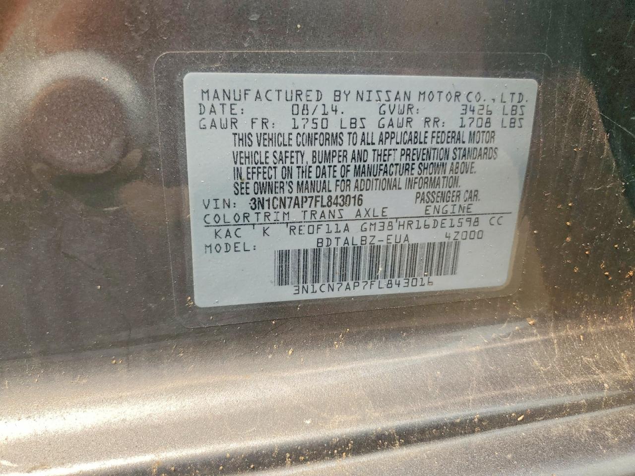 2015 Nissan Versa 1.6 Sv Gray vin: 3N1CN7AP7FL843016