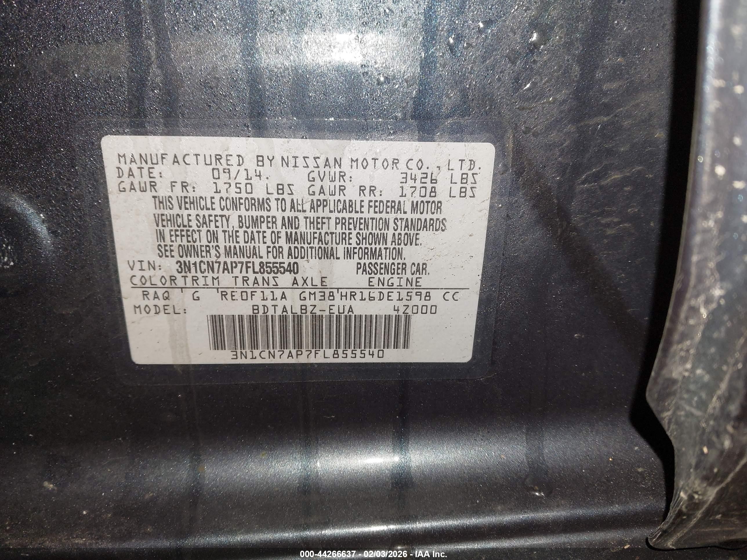 2015 Nissan Versa 1.6 S/1.6 S+/1.6 Sl/1.6 Sv Blue vin: 3N1CN7AP7FL855540