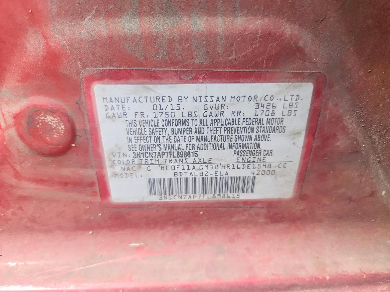 2015 Nissan Versa 1.6 Sv Red vin: 3N1CN7AP7FL898615
