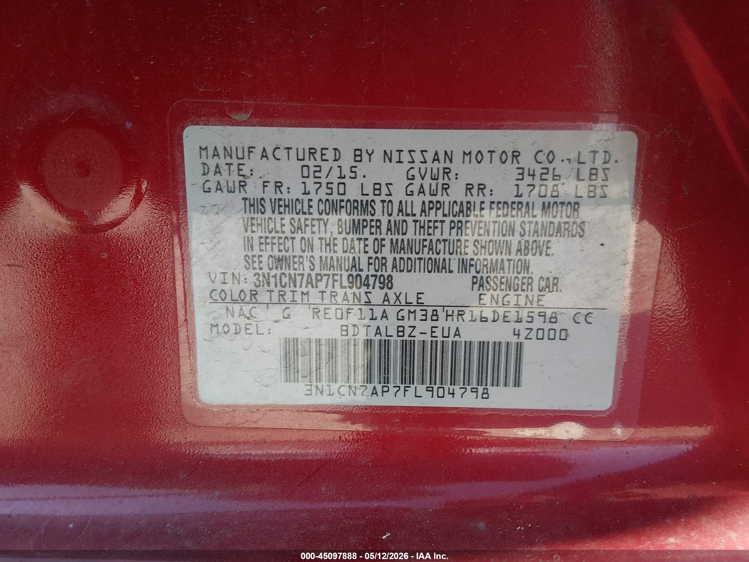 2015 Nissan Versa 1.6 Sv Red vin: 3N1CN7AP7FL904798