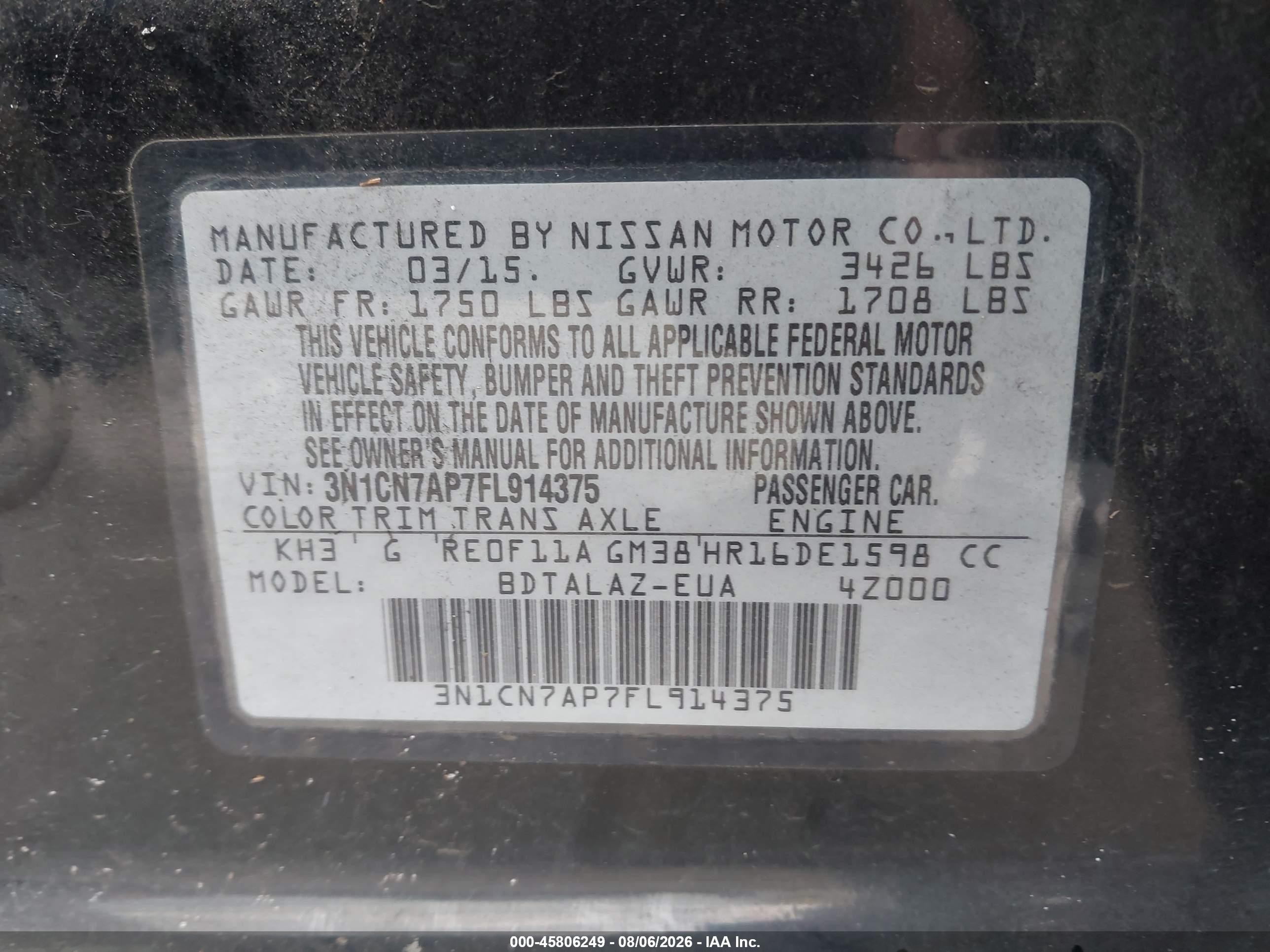 2015 Nissan Versa 1.6 S+ Black vin: 3N1CN7AP7FL914375