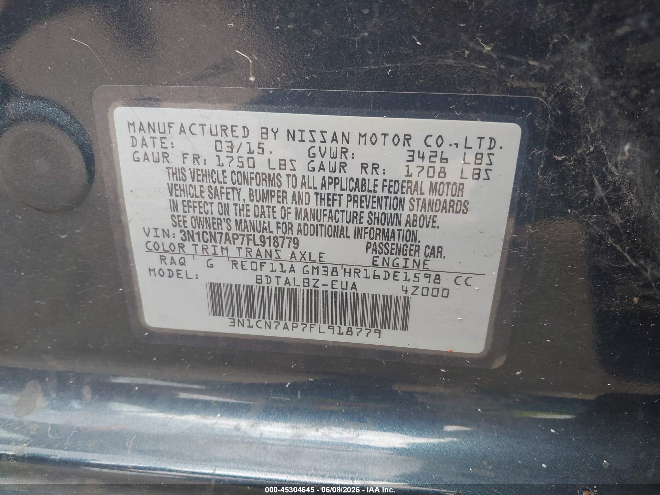 2015 Nissan Versa 1.6 Sv Blue vin: 3N1CN7AP7FL918779