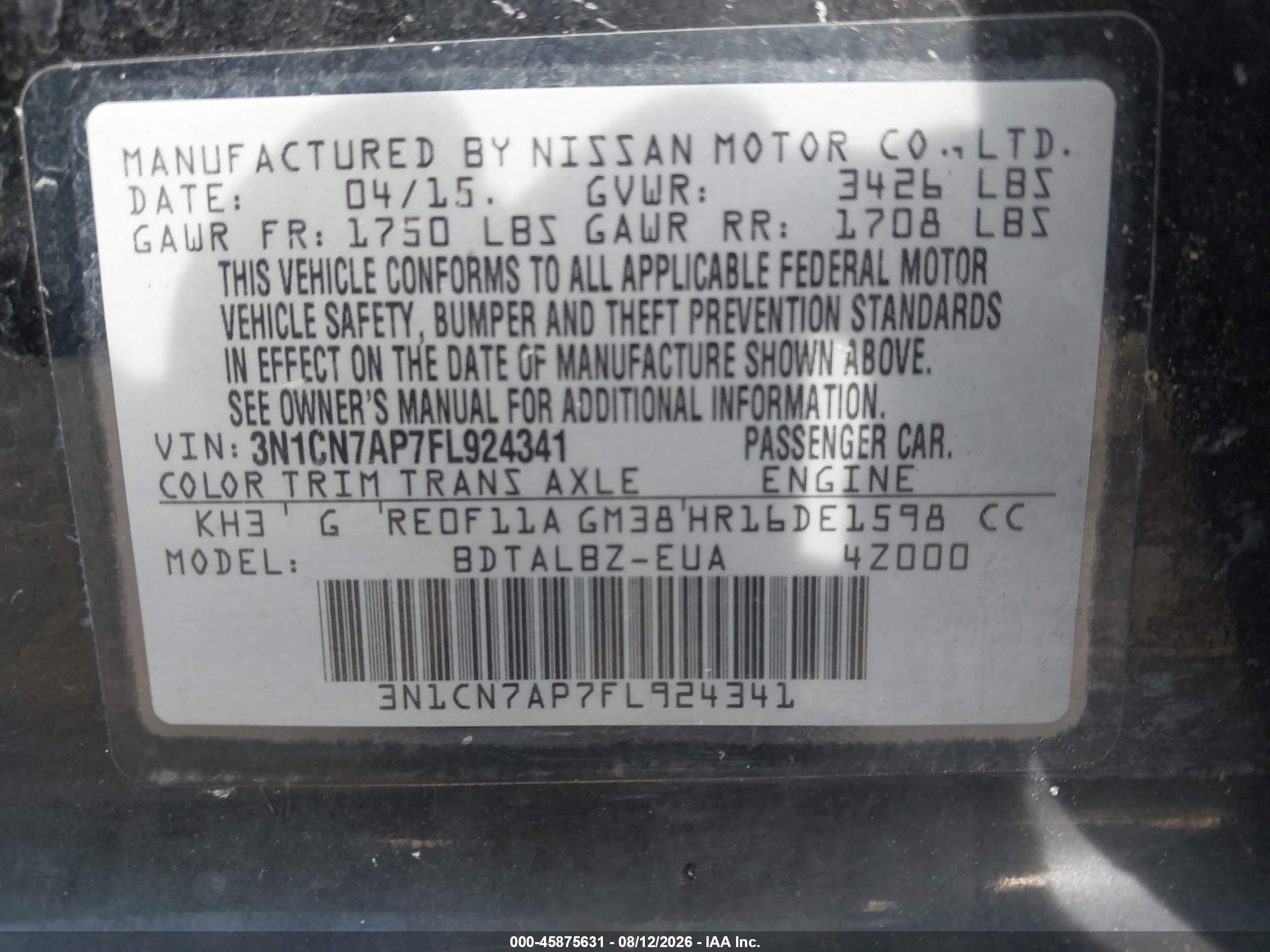 2015 Nissan Versa 1.6 Sv Black vin: 3N1CN7AP7FL924341
