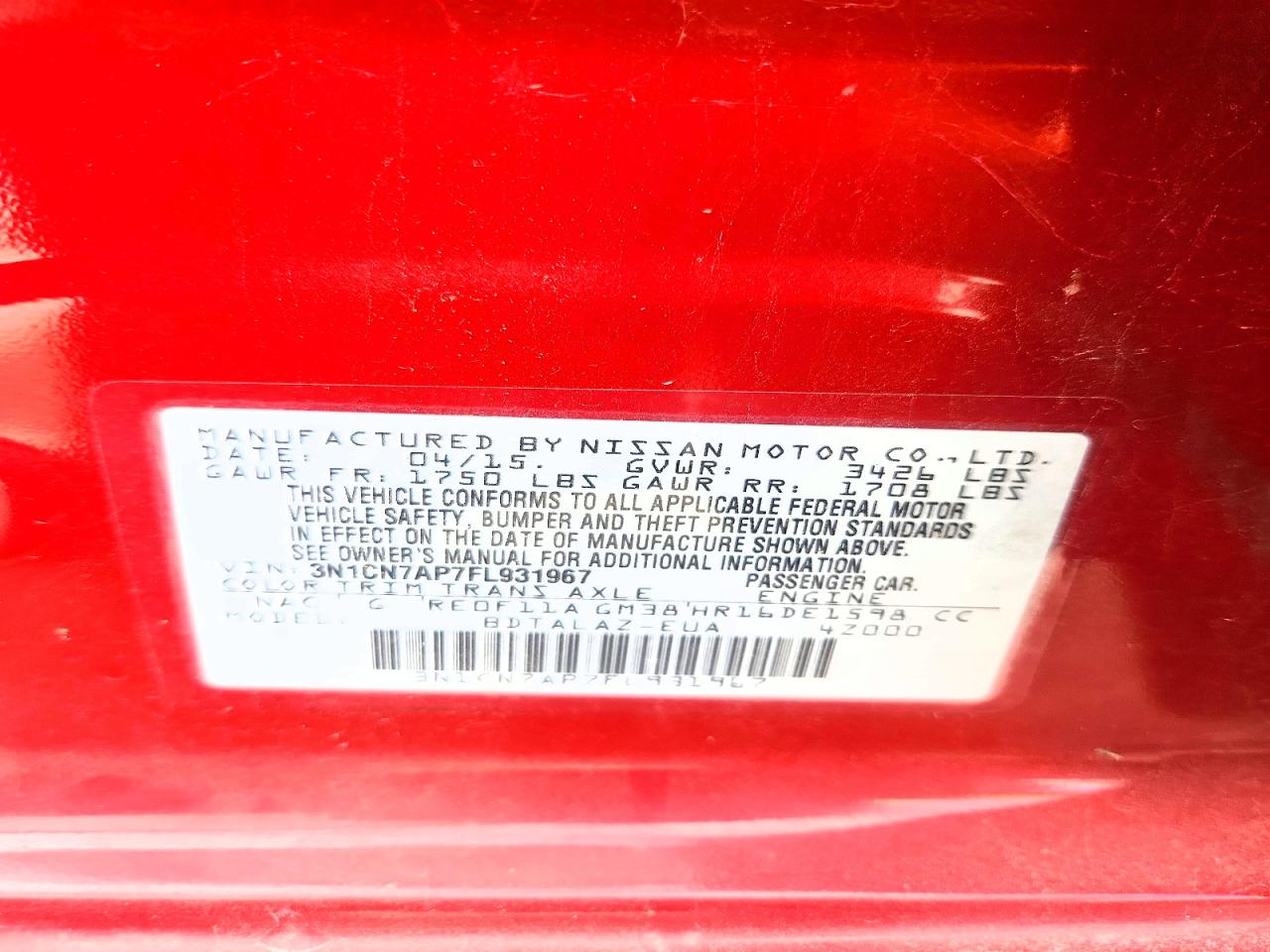 2015 Nissan Versa 1.6 S Plus Burgundy vin: 3N1CN7AP7FL931967