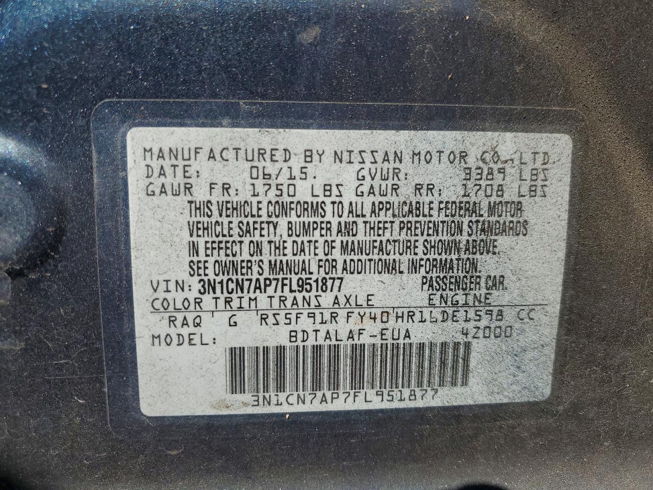 2015 Nissan Versa 1.6 S Синий vin: 3N1CN7AP7FL951877