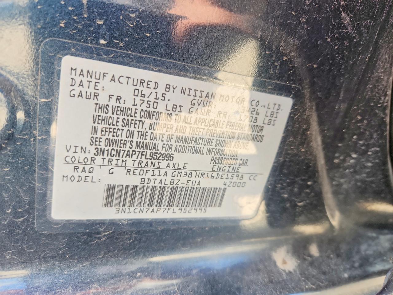 2015 Nissan Versa 1.6 Sv Blue vin: 3N1CN7AP7FL952995