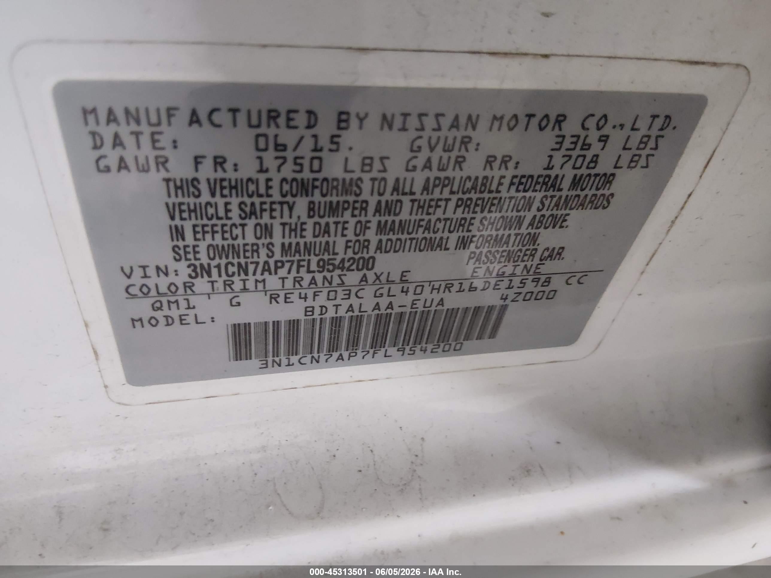 2015 Nissan Versa 1.6 S White vin: 3N1CN7AP7FL954200