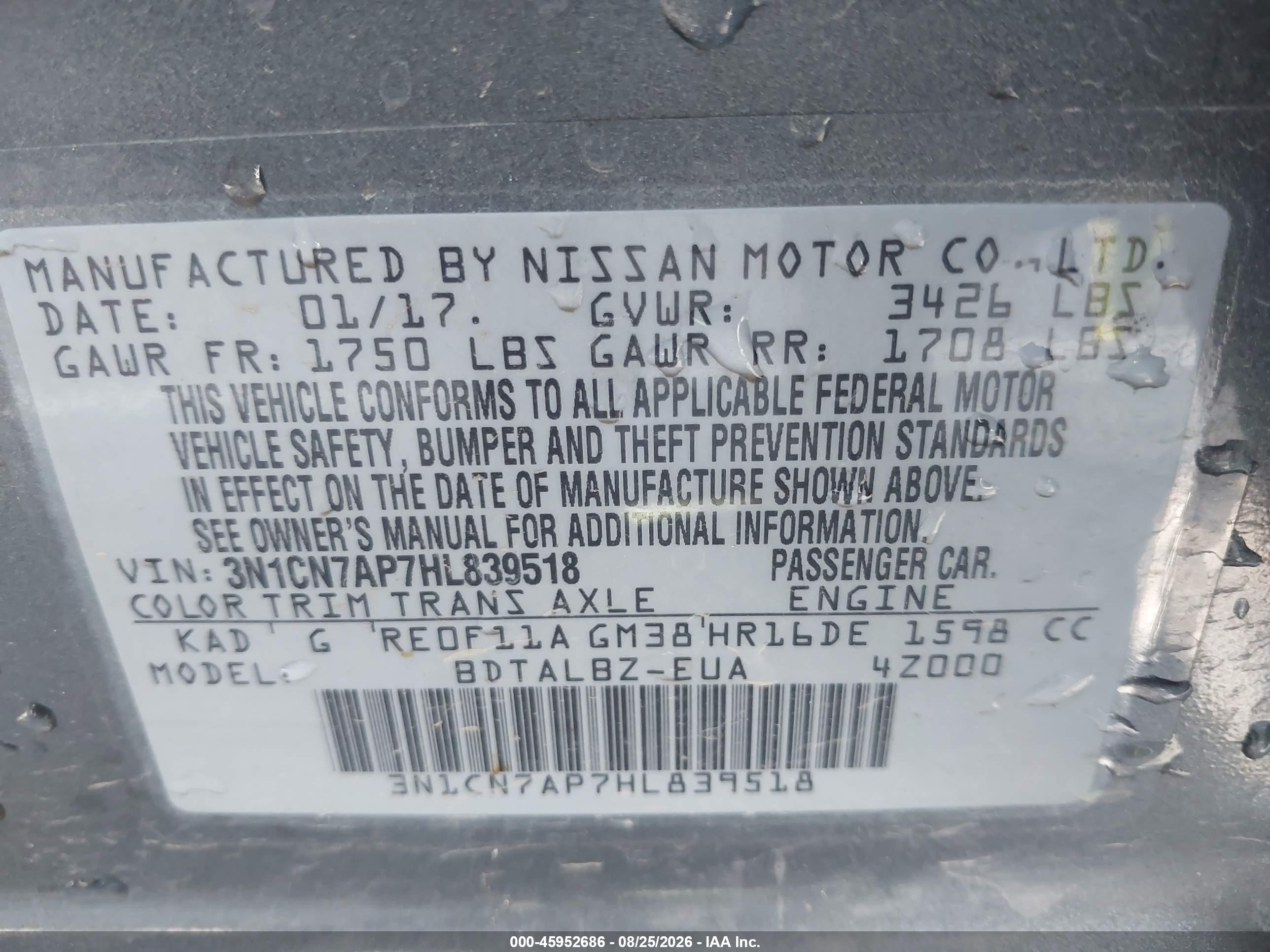 2017 Nissan Versa 1.6 Sv Gray vin: 3N1CN7AP7HL839518