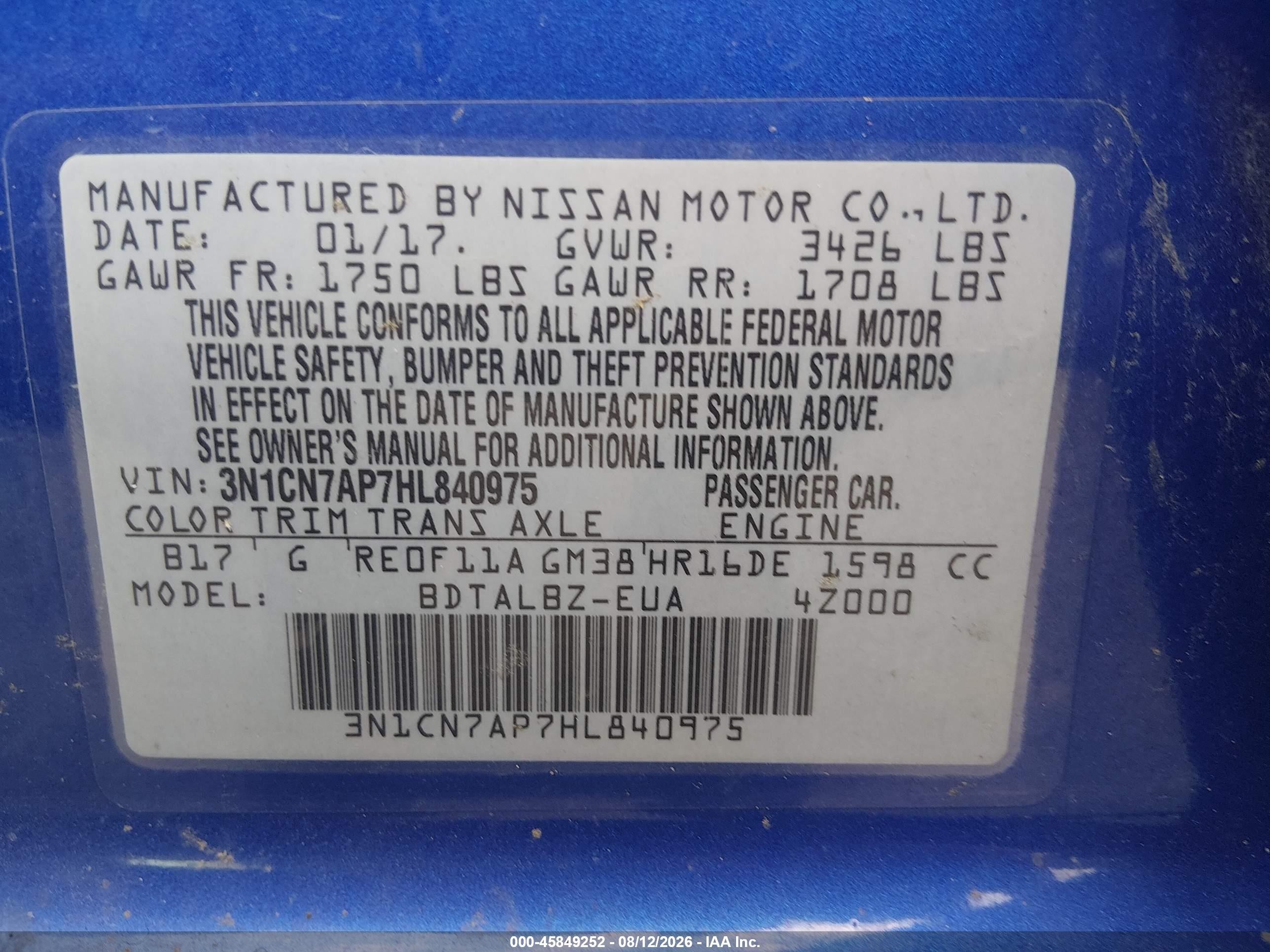 2017 Nissan Versa 1.6 Sv Blue vin: 3N1CN7AP7HL840975