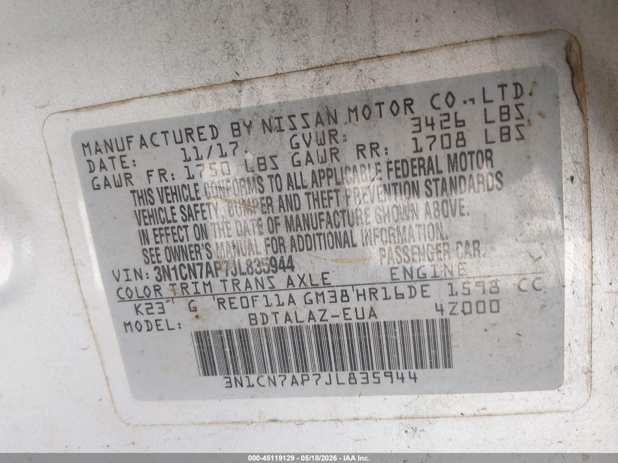 2018 Nissan Versa 1.6 S+ Silver vin: 3N1CN7AP7JL835944