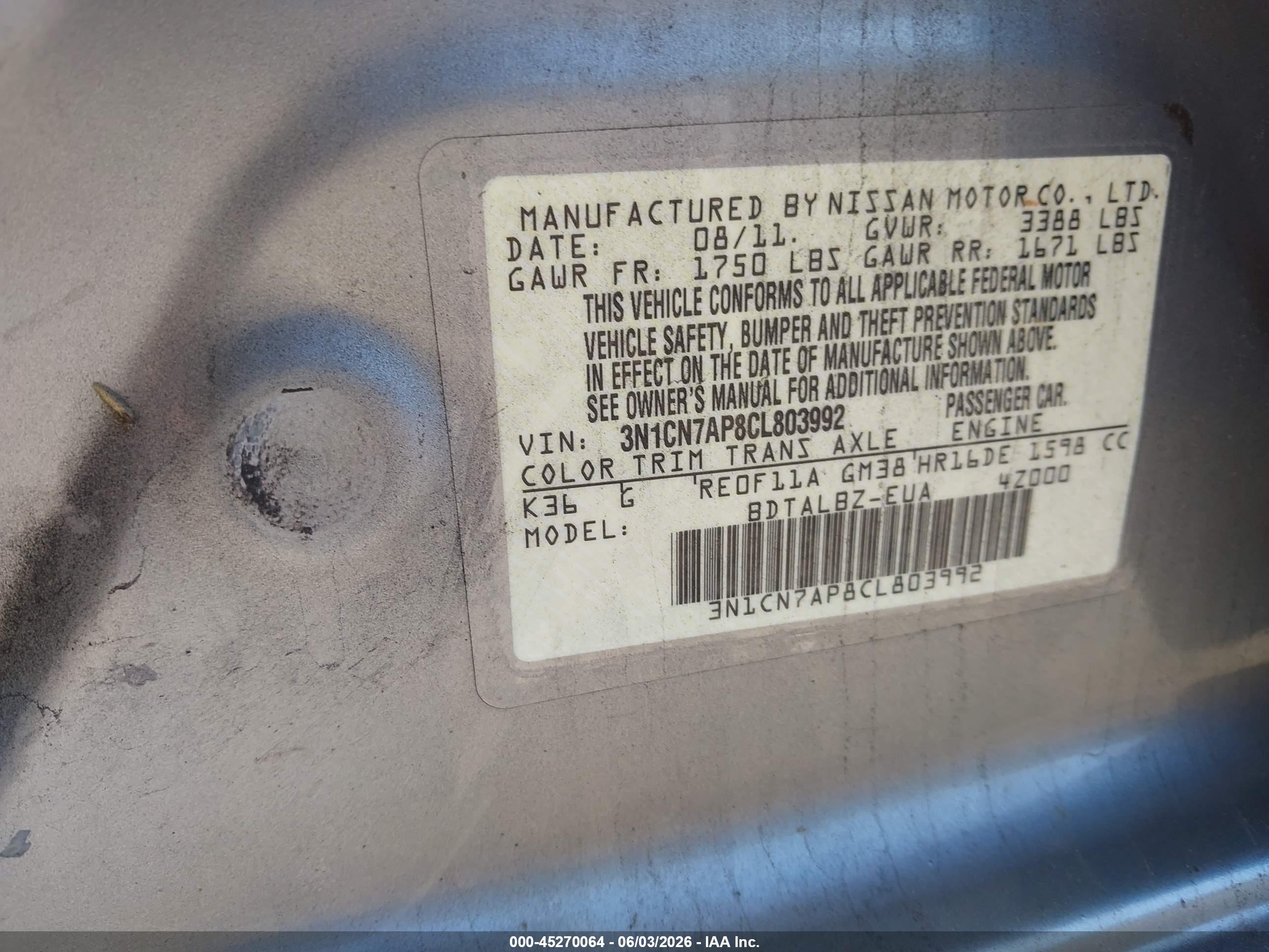 2012 Nissan Versa 1.6 Sv Silver vin: 3N1CN7AP8CL803992