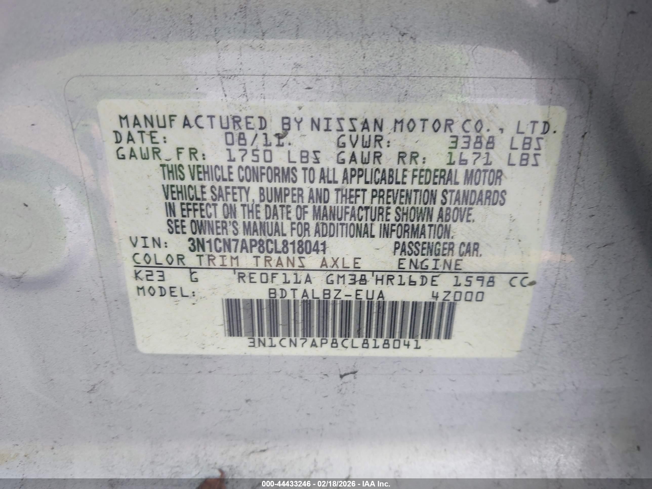 2012 Nissan Versa 1.6 Sv Silver vin: 3N1CN7AP8CL818041
