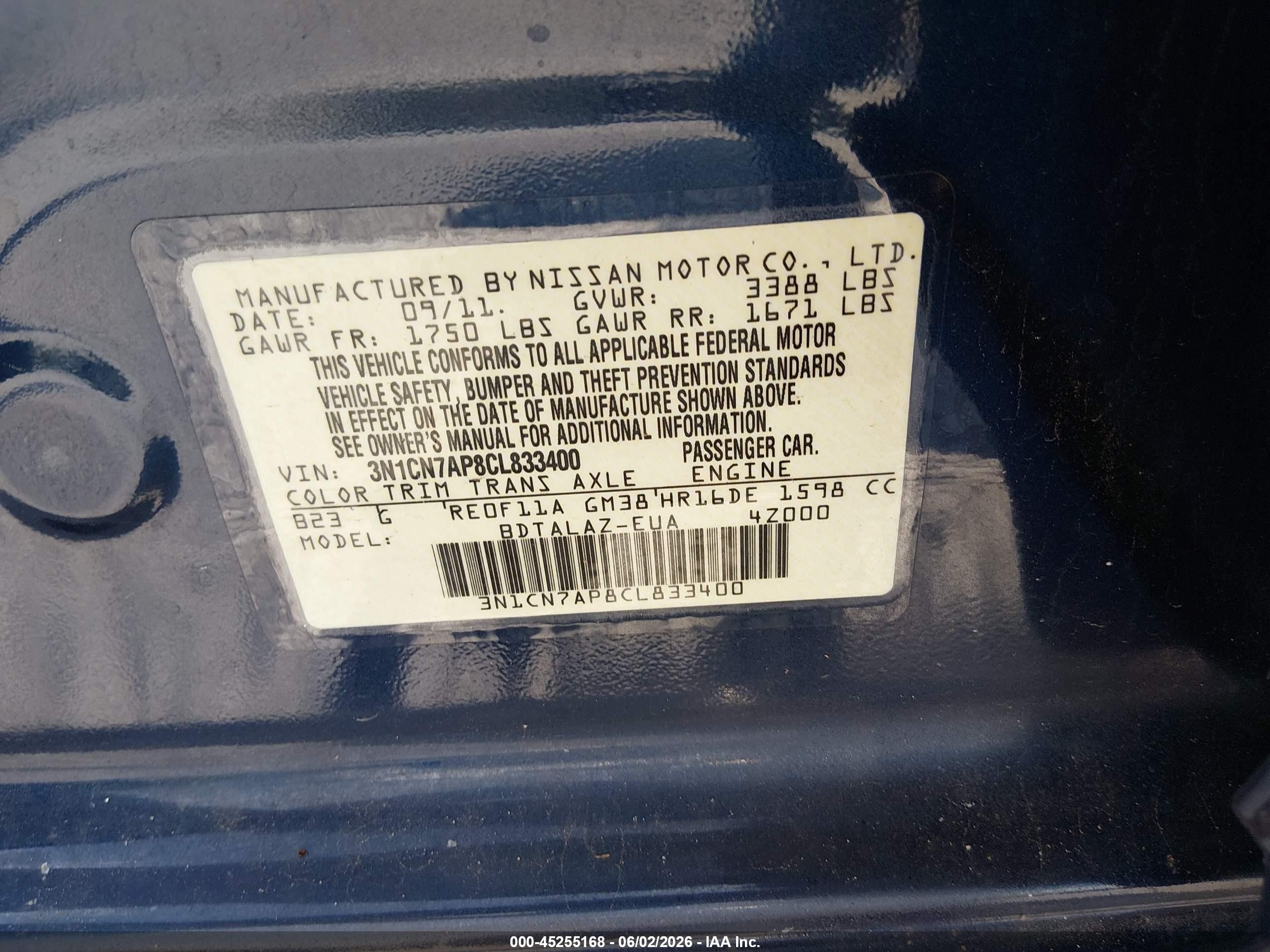 2012 Nissan Versa 1.6 S Blue vin: 3N1CN7AP8CL833400