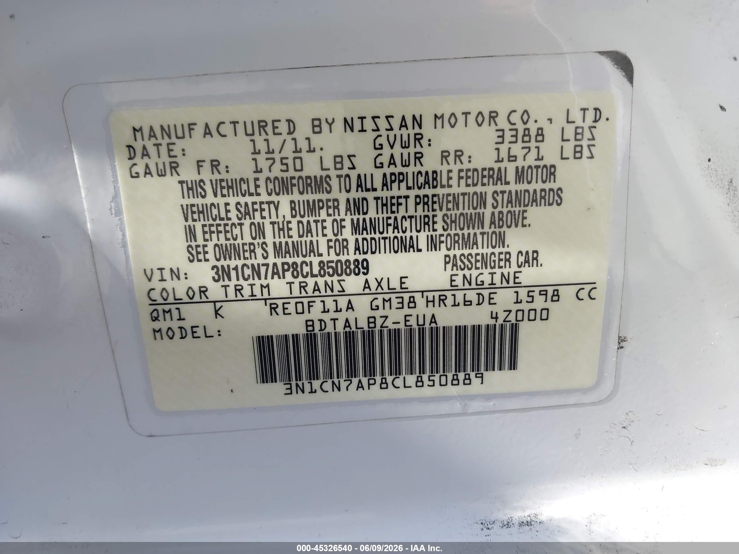 2012 Nissan Versa 1.6 Sv Белый vin: 3N1CN7AP8CL850889
