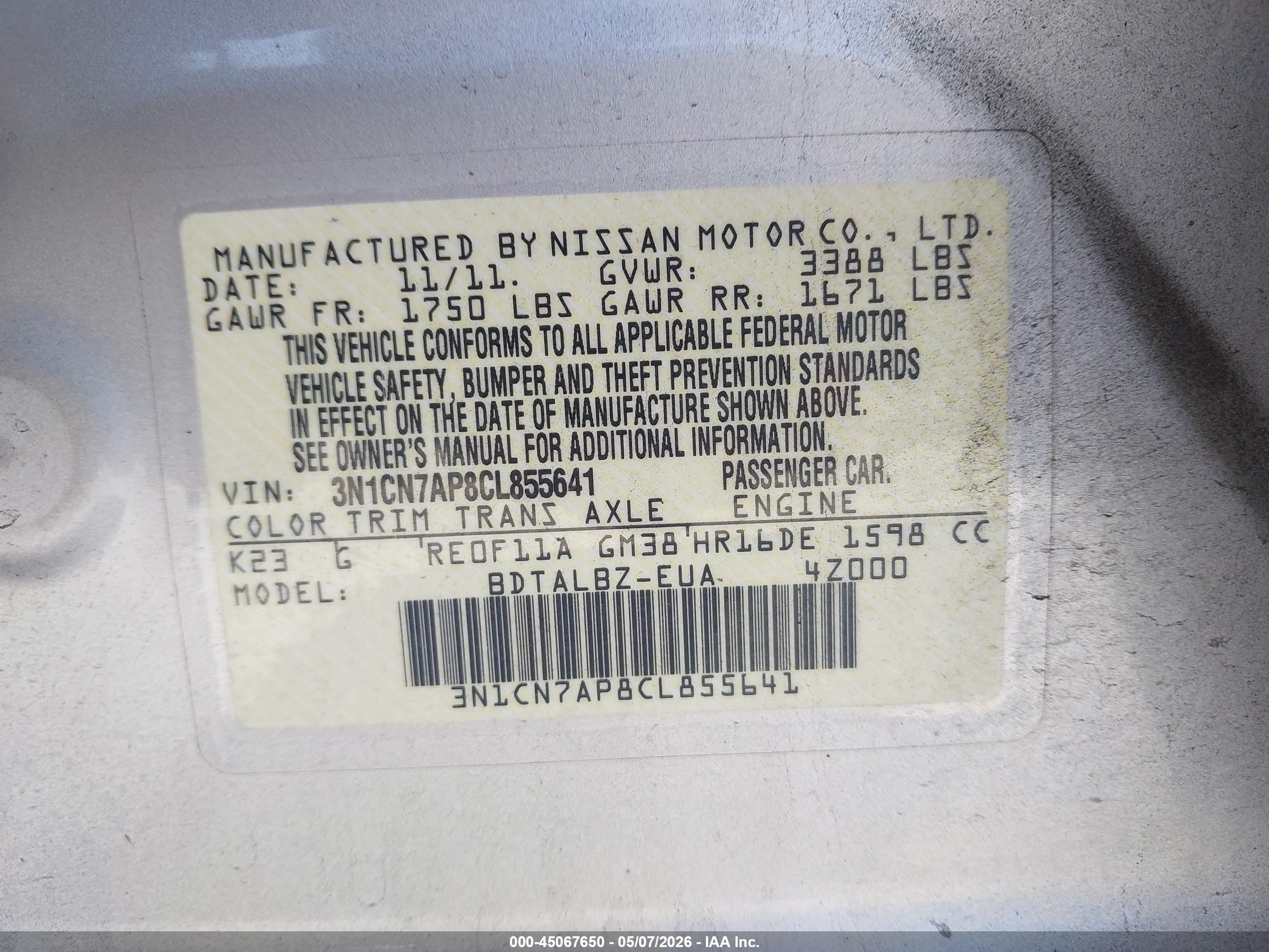 2012 Nissan Versa 1.6 Sv Silver vin: 3N1CN7AP8CL855641