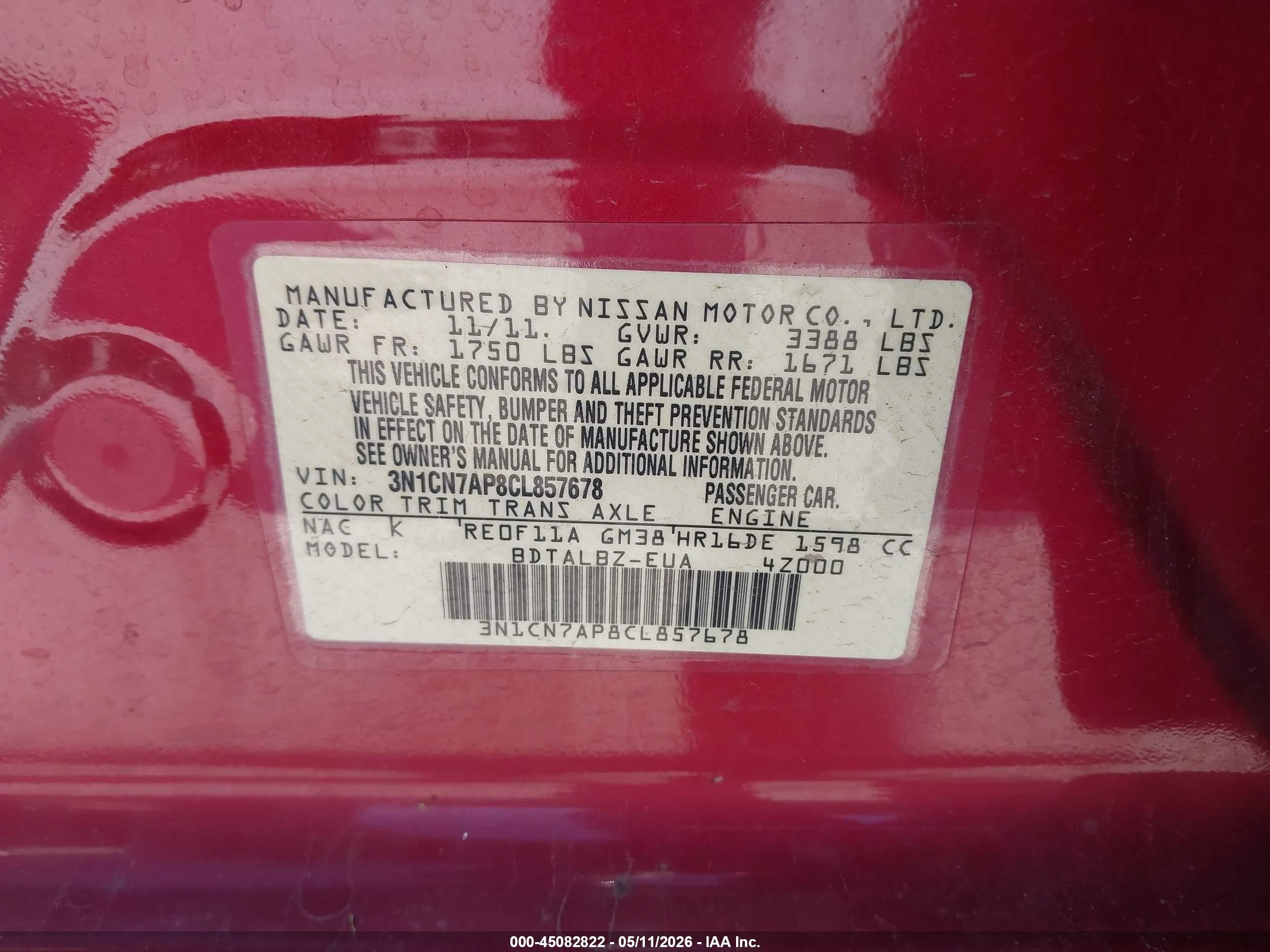 2012 Nissan Versa 1.6 Sv Красный vin: 3N1CN7AP8CL857678