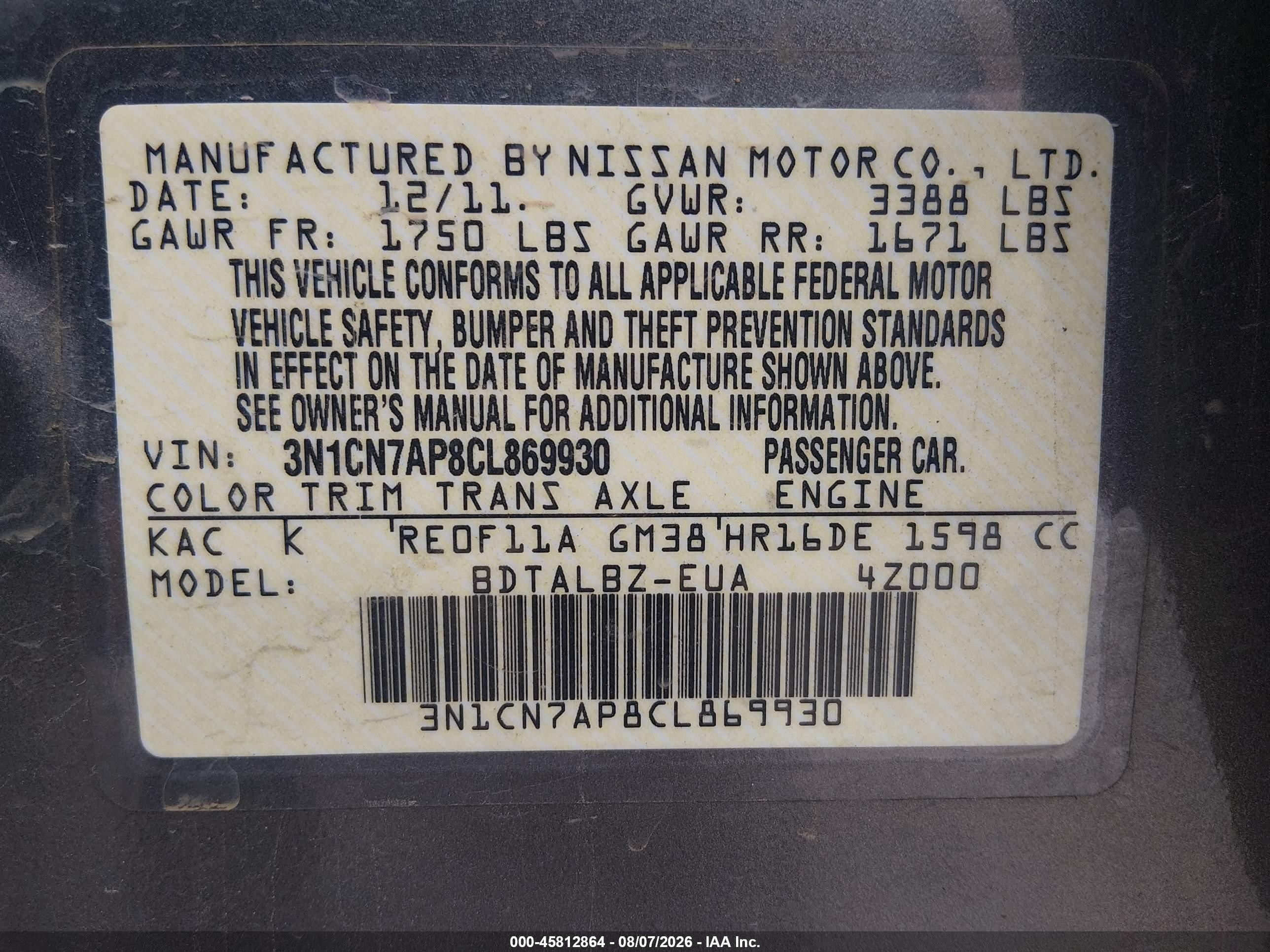 2012 Nissan Versa 1.6 Sv Gray vin: 3N1CN7AP8CL869930
