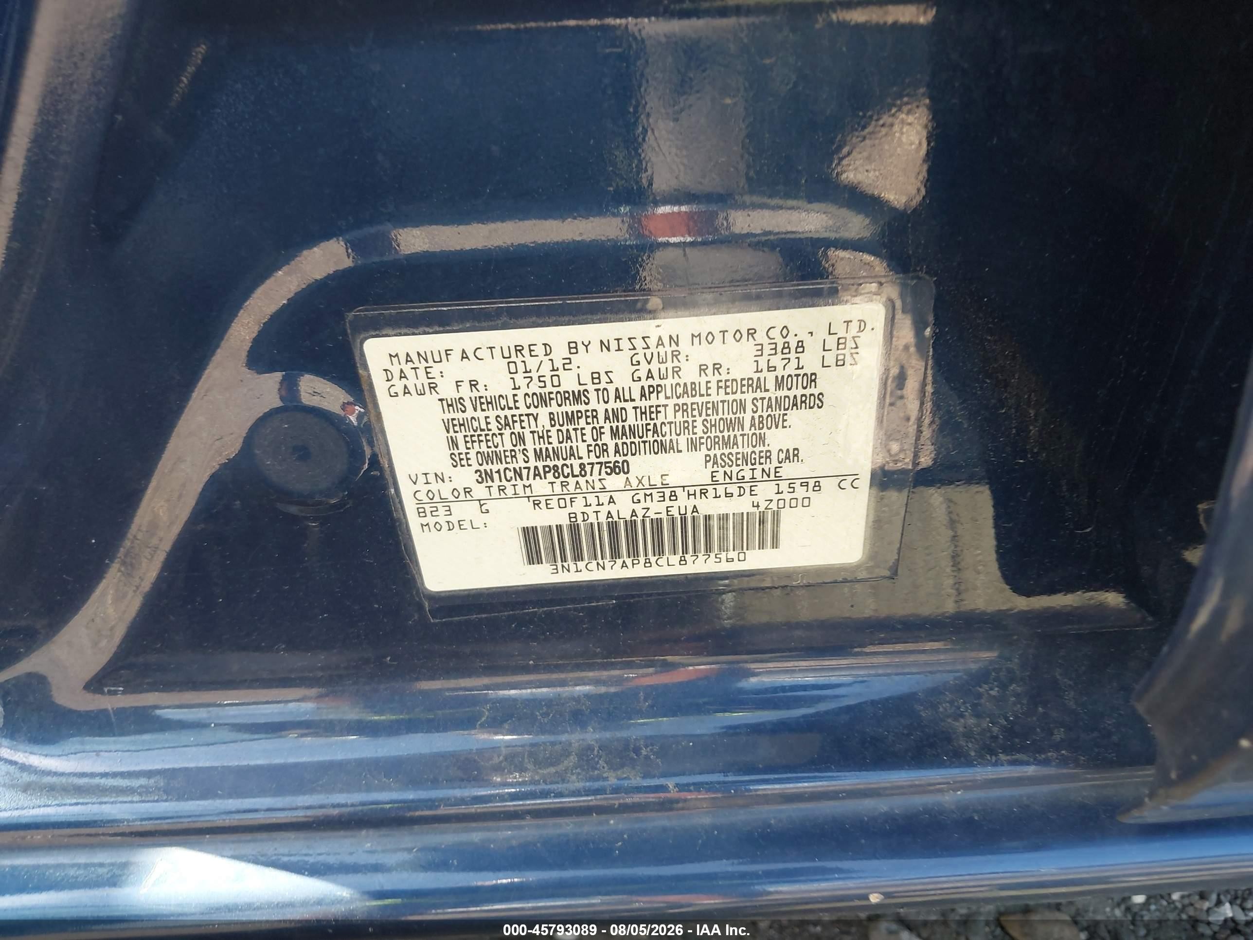 2012 Nissan Versa 1.6 S Blue vin: 3N1CN7AP8CL877560
