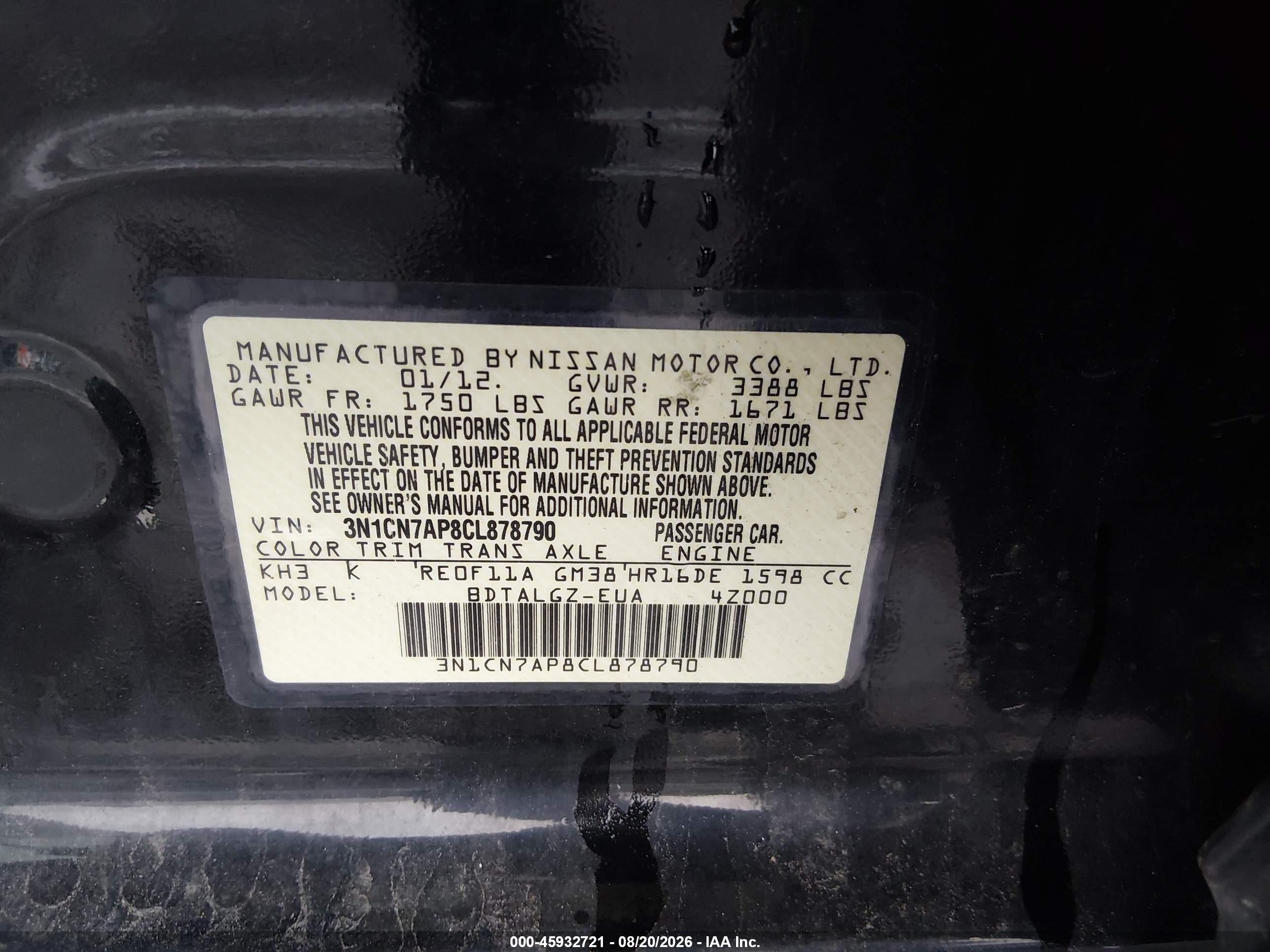 2012 Nissan Versa 1.6 Sl Black vin: 3N1CN7AP8CL878790