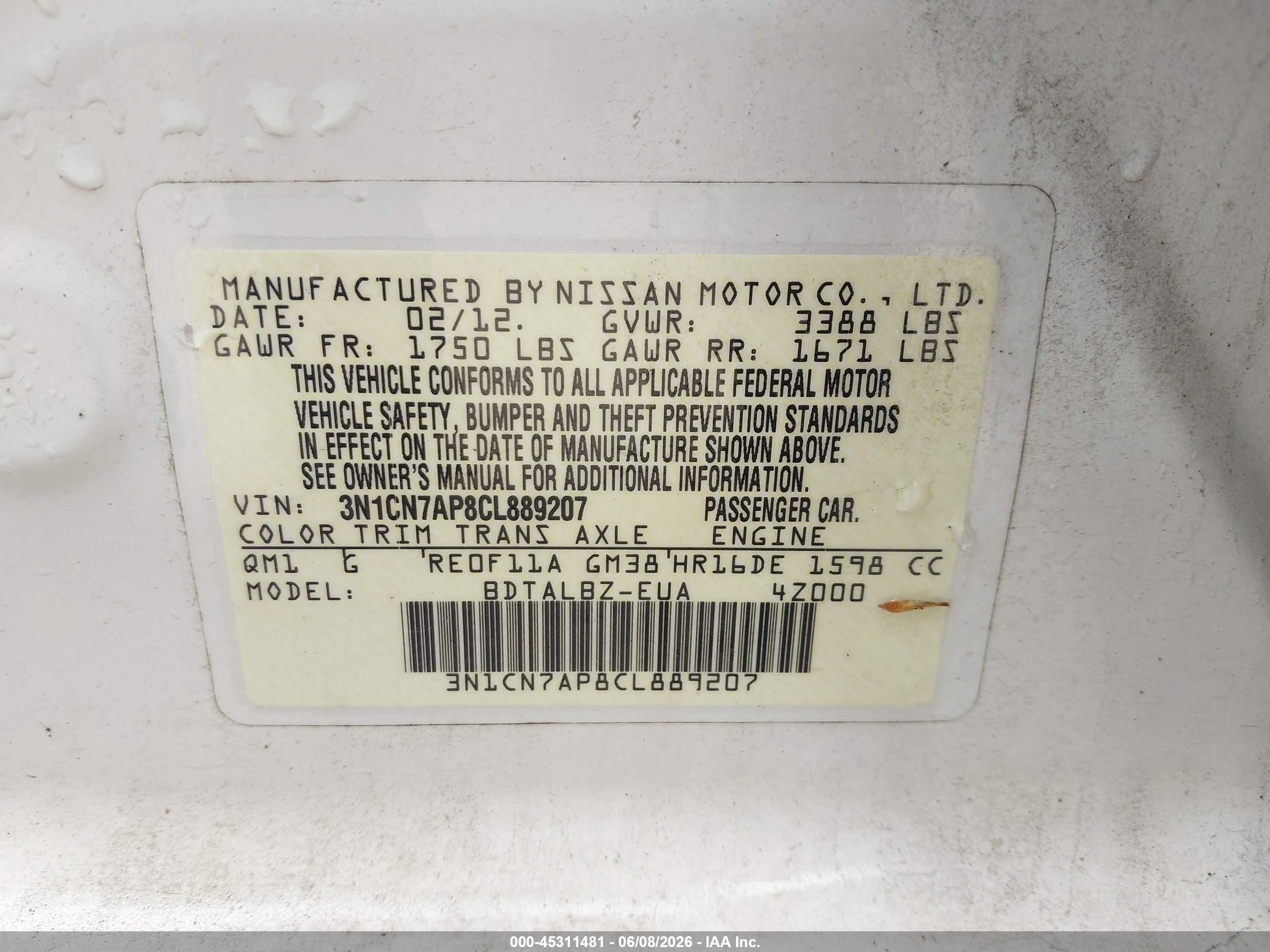 2012 Nissan Versa 1.6 Sv White vin: 3N1CN7AP8CL889207