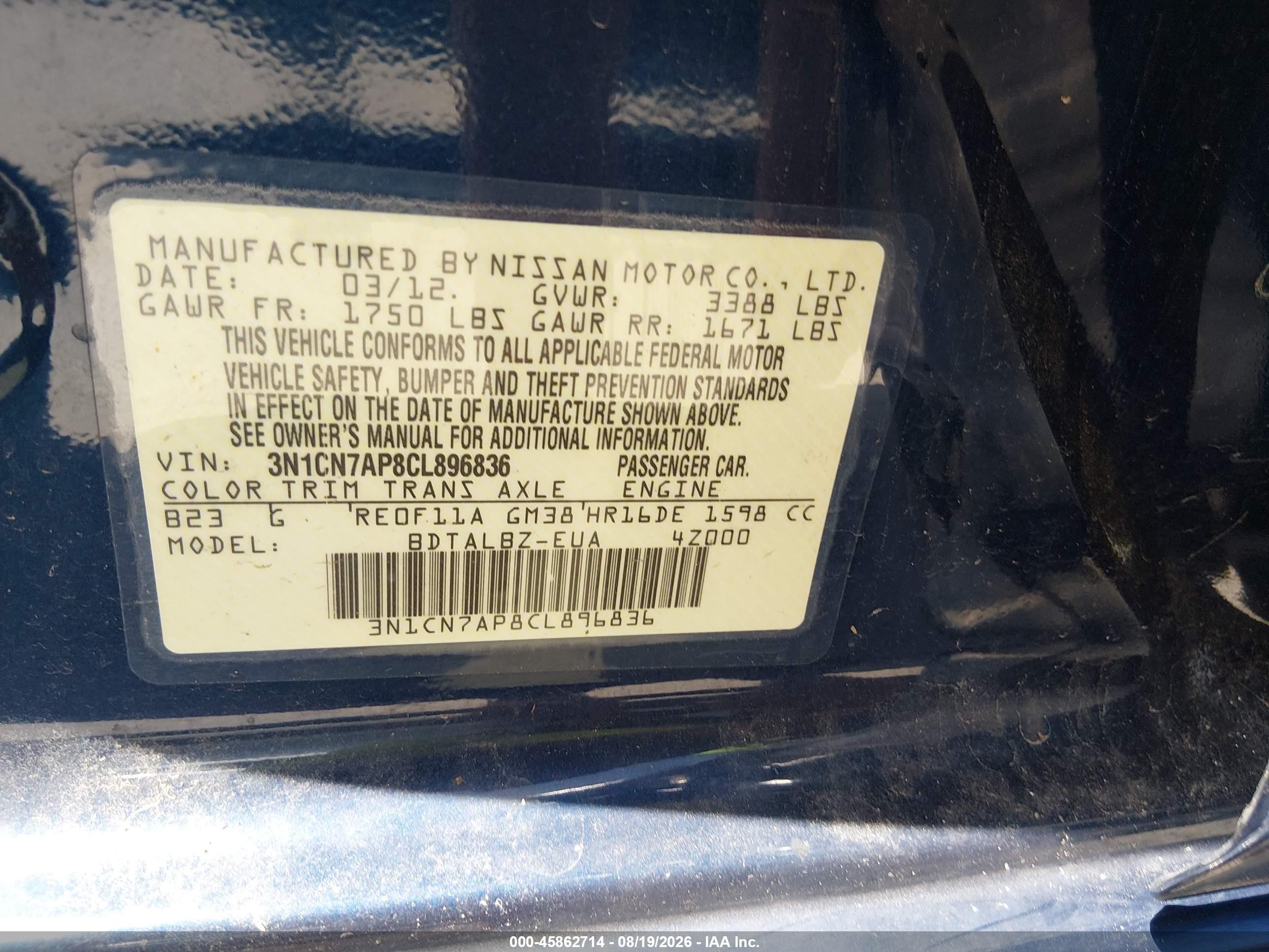 2012 Nissan Versa 1.6 Sv Blue vin: 3N1CN7AP8CL896836