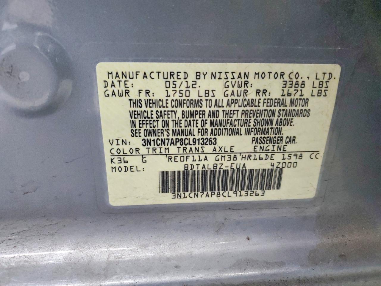 2012 Nissan Versa 1.6 S Серебряный vin: 3N1CN7AP8CL913263