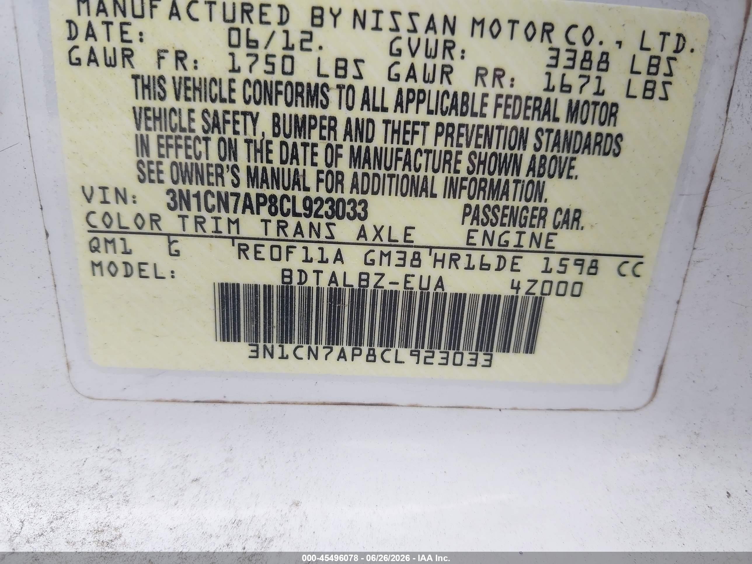 2012 Nissan Versa 1.6 Sv White vin: 3N1CN7AP8CL923033