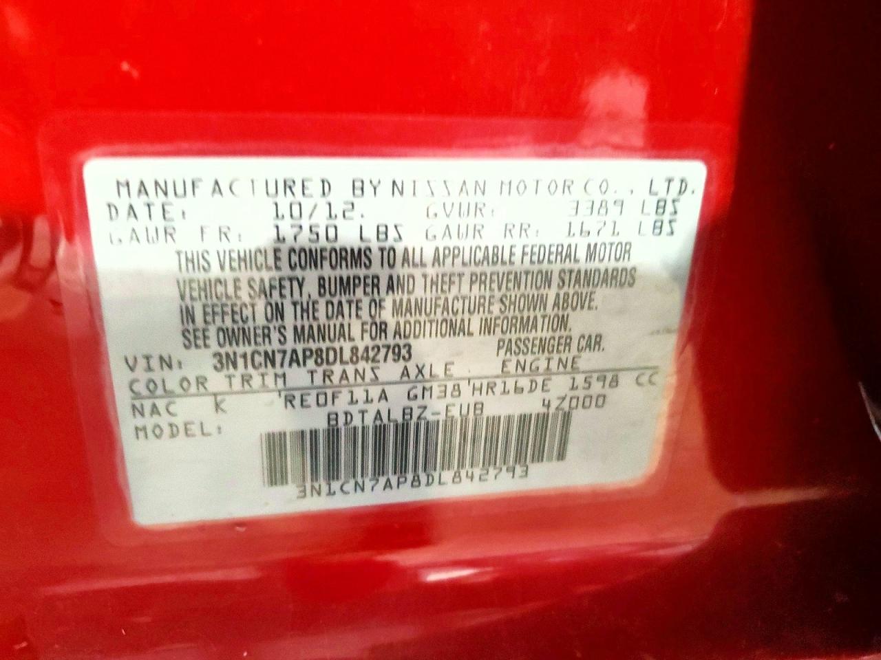 2013 Nissan Versa 1.6 S Red vin: 3N1CN7AP8DL842793