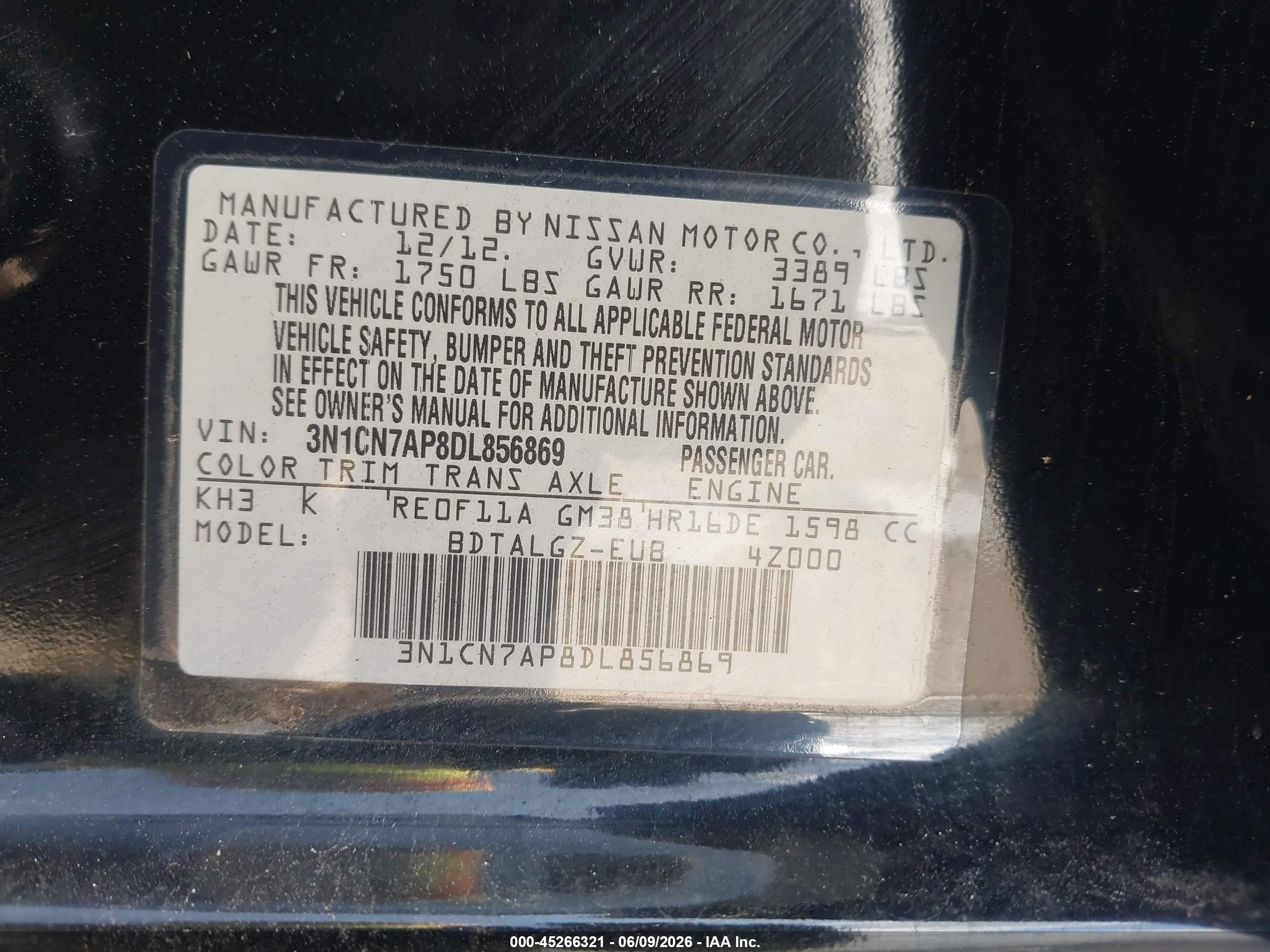 2013 Nissan Versa 1.6 Sl Black vin: 3N1CN7AP8DL856869