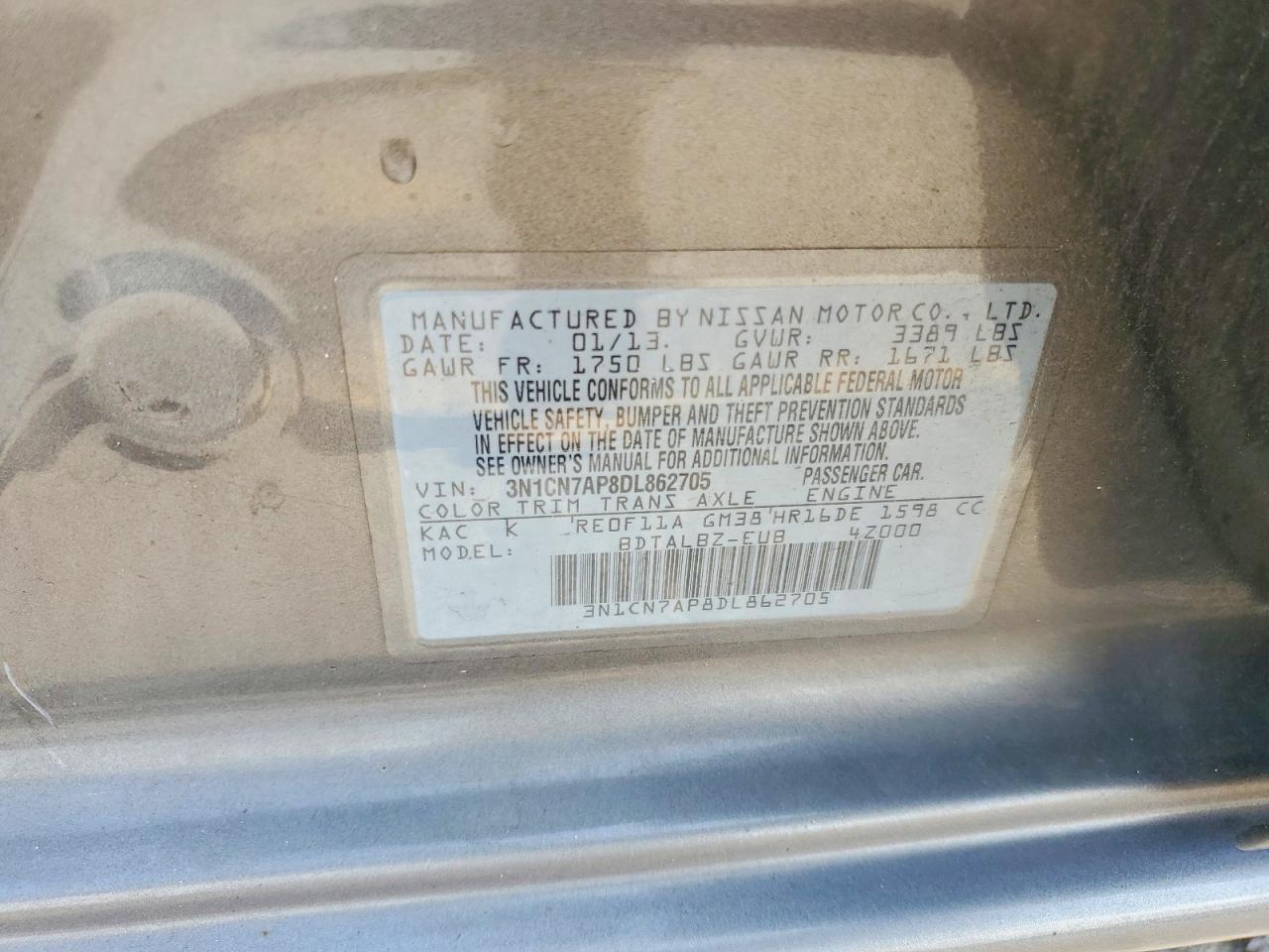 2013 Nissan Versa 1.6 S Gray vin: 3N1CN7AP8DL862705