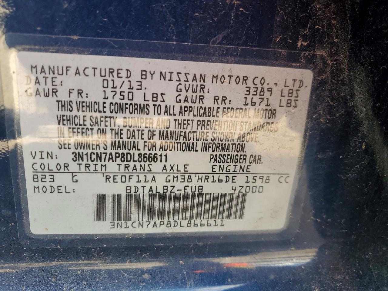 2013 Nissan Versa 1.6 S Blue vin: 3N1CN7AP8DL866611