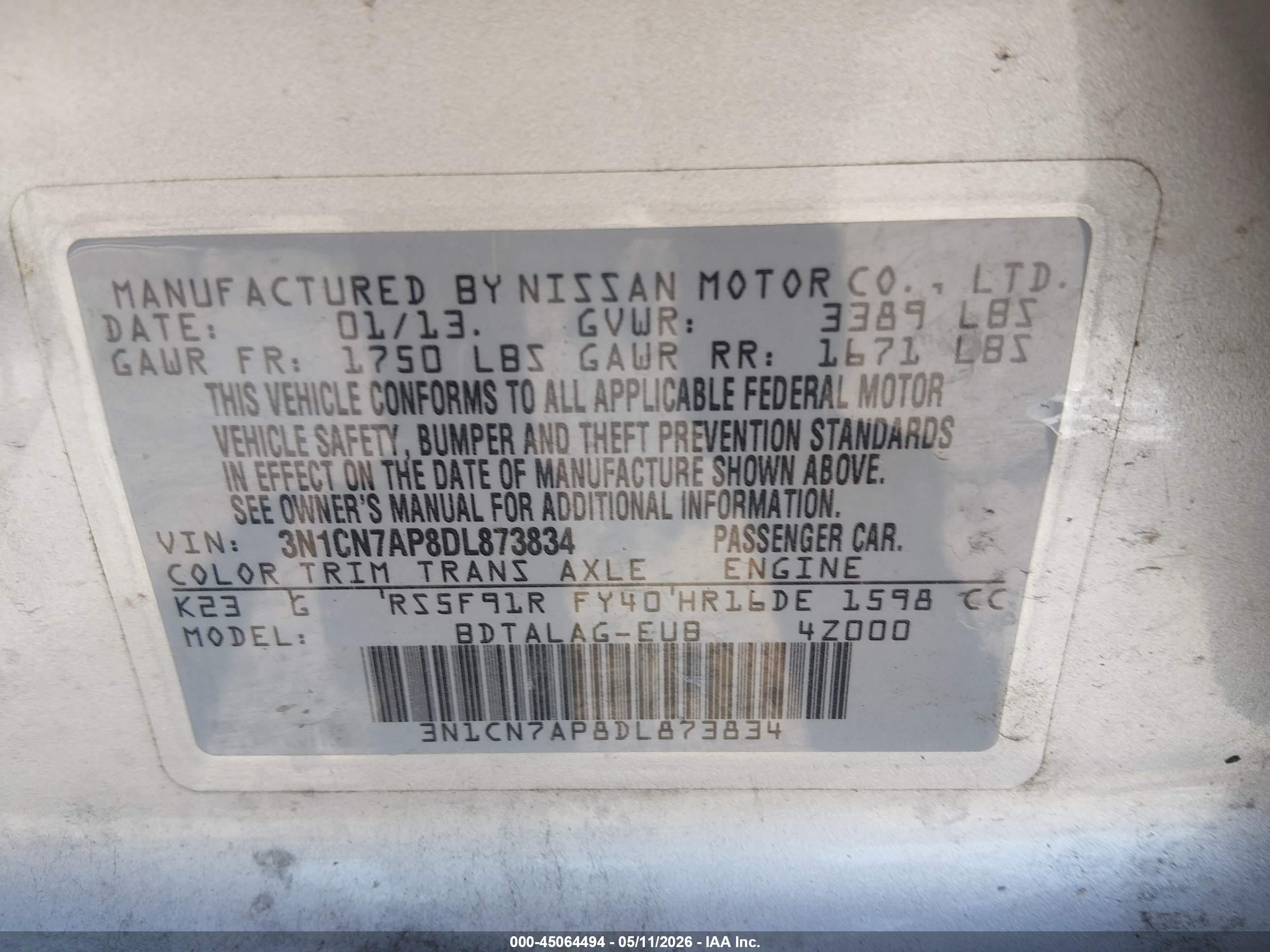 2013 Nissan Versa 1.6 S Silver vin: 3N1CN7AP8DL873834