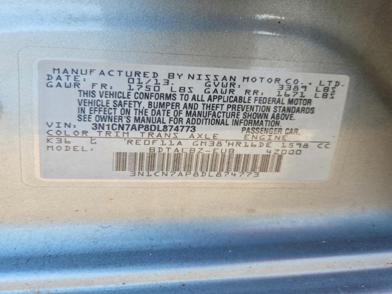 2013 Nissan Versa 1.6 S Silver vin: 3N1CN7AP8DL874773