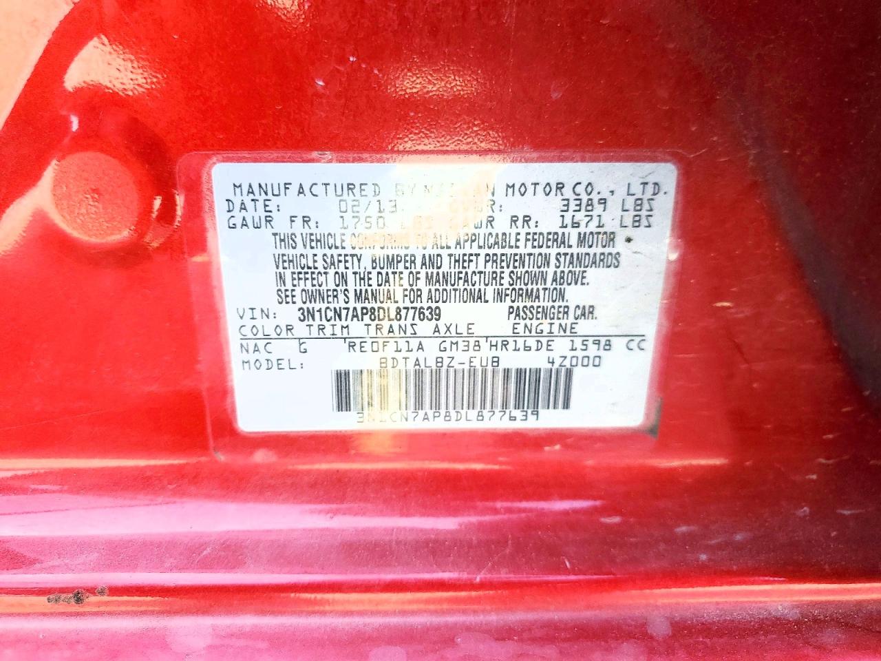 2013 Nissan Versa 1.6 S Red vin: 3N1CN7AP8DL877639