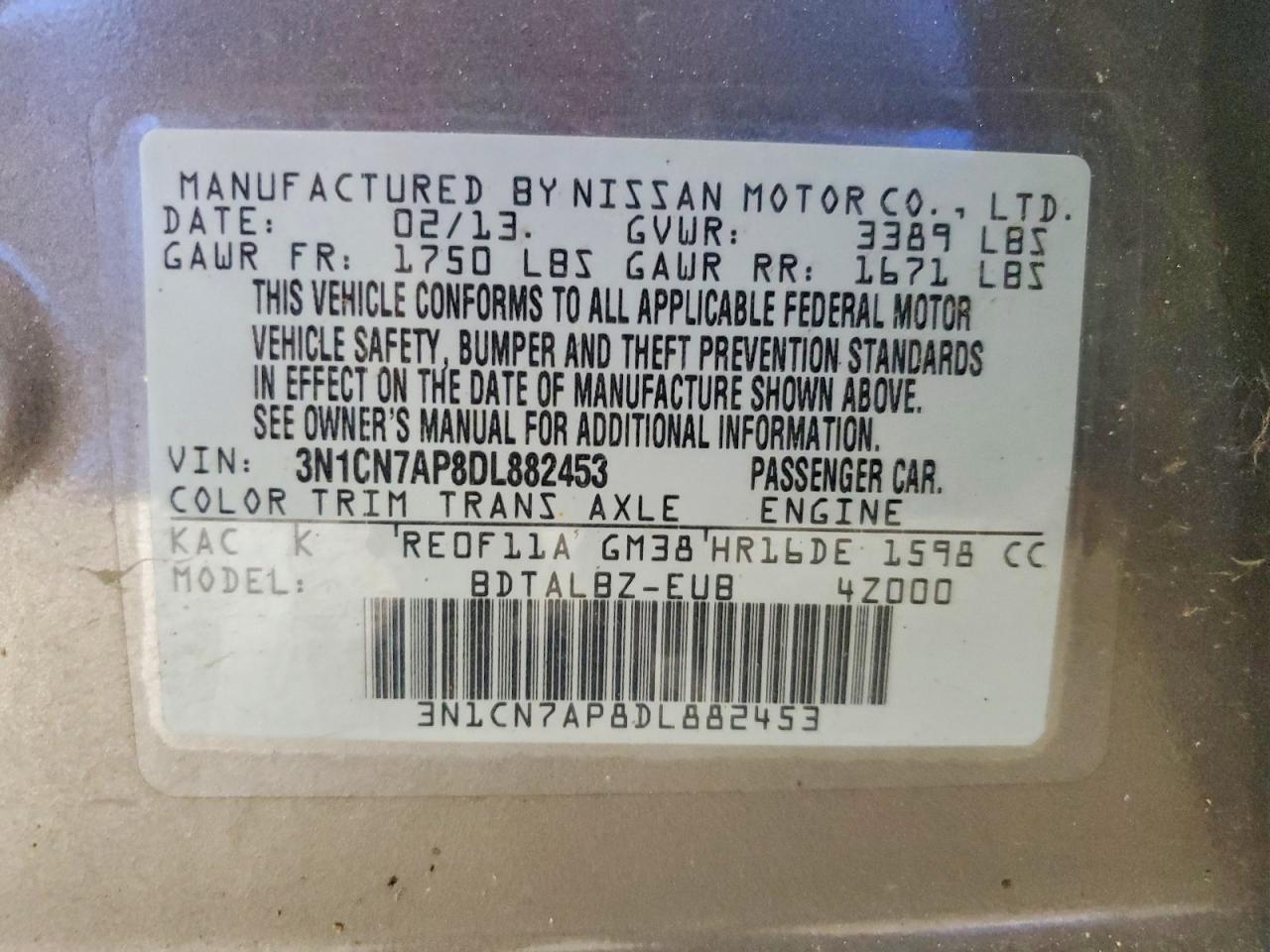 2013 Nissan Versa 1.6 S Gray vin: 3N1CN7AP8DL882453