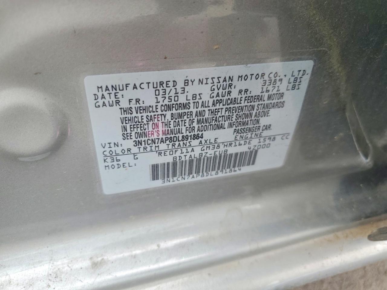 2013 Nissan Versa 1.6 S Gray vin: 3N1CN7AP8DL891864