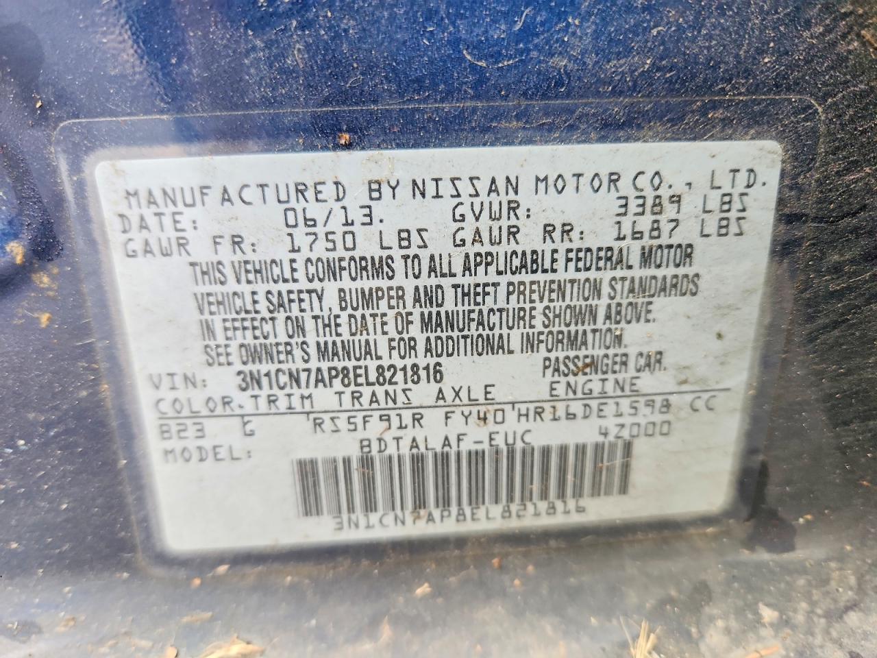 2014 Nissan Versa 1.6 S Blue vin: 3N1CN7AP8EL821816