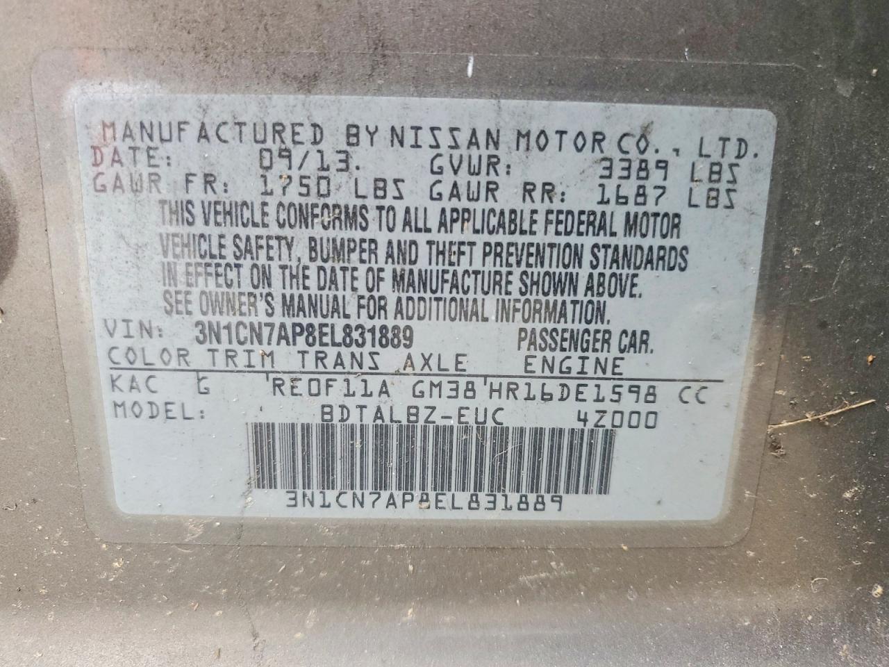 2014 Niss Versa S Gray vin: 3N1CN7AP8EL831889