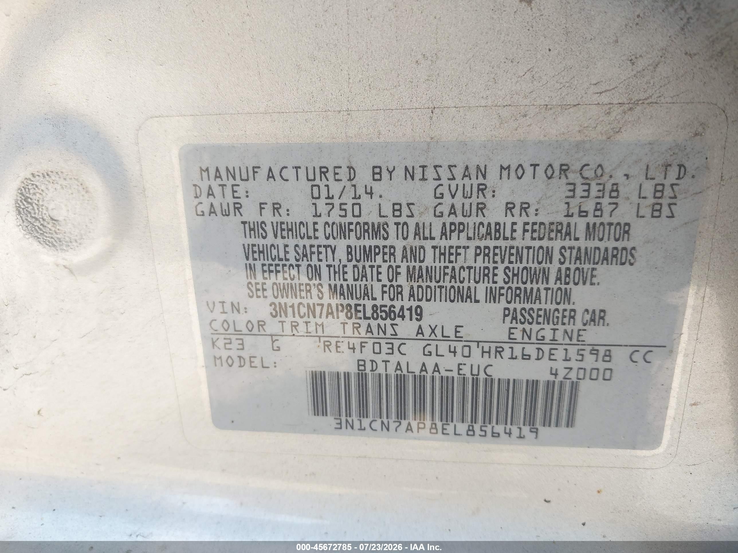 2014 Nissan Versa 1.6 S Silver vin: 3N1CN7AP8EL856419
