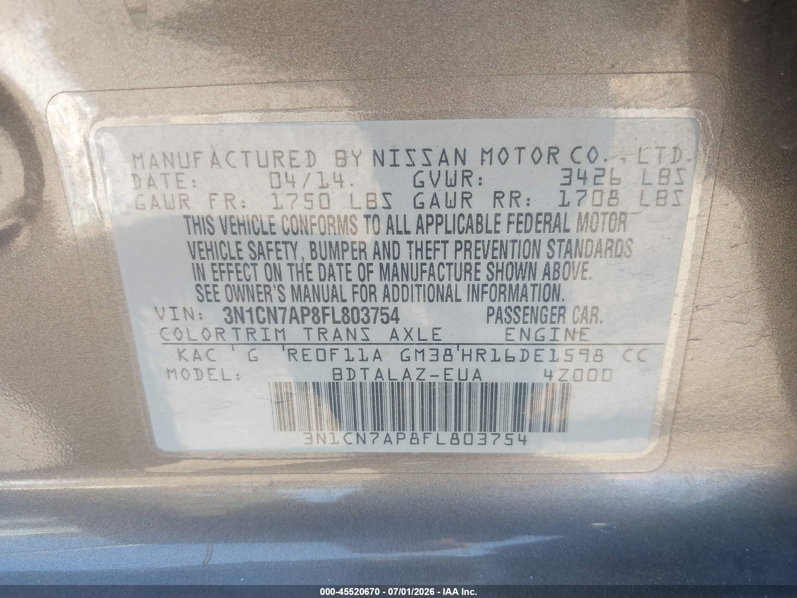 2015 Nissan Versa 1.6 S+ Gray vin: 3N1CN7AP8FL803754