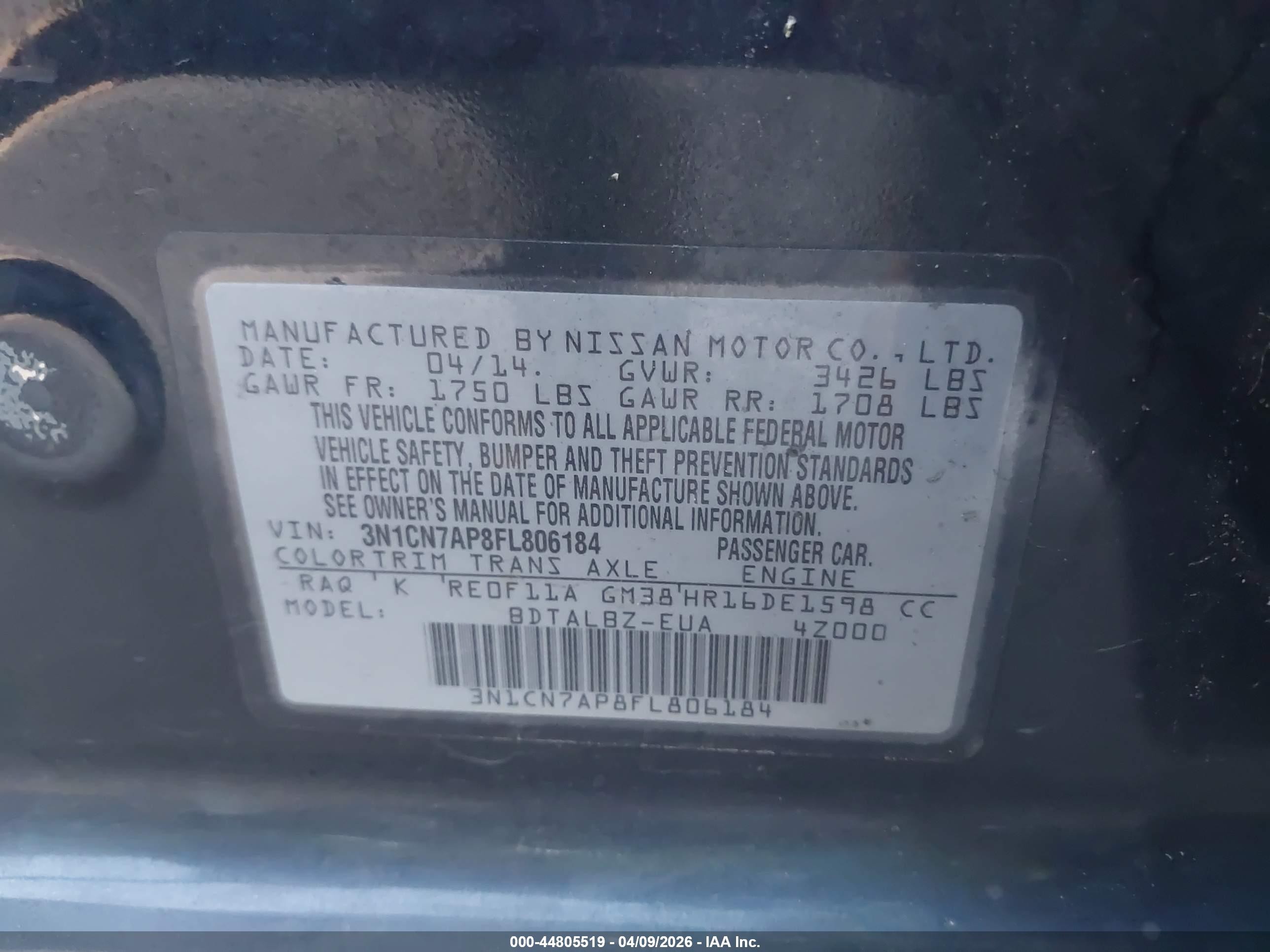 2015 Nissan Versa 1.6 Sv Dark Blue vin: 3N1CN7AP8FL806184