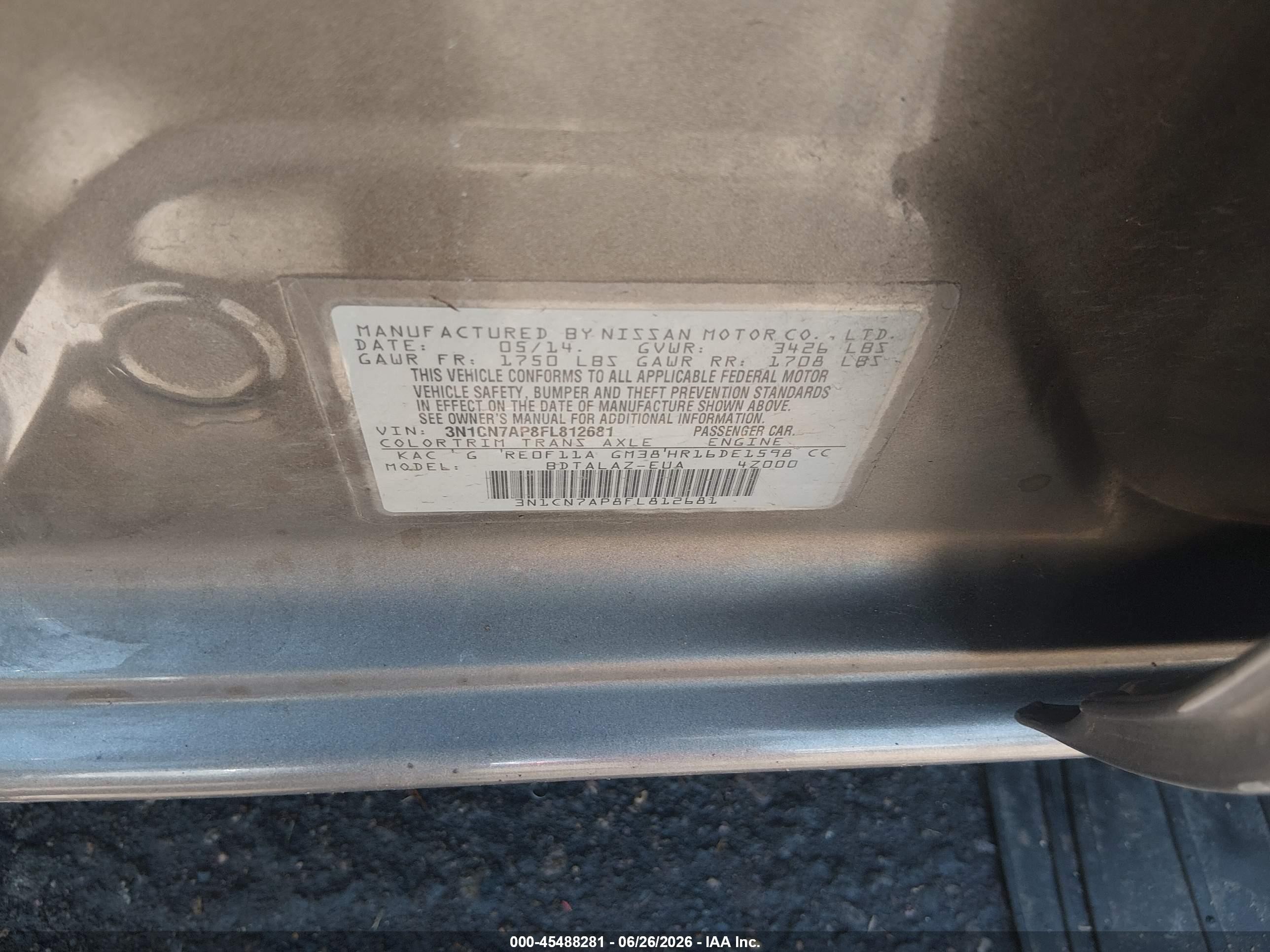 2015 Nissan Versa 1.6 S+ Gray vin: 3N1CN7AP8FL812681