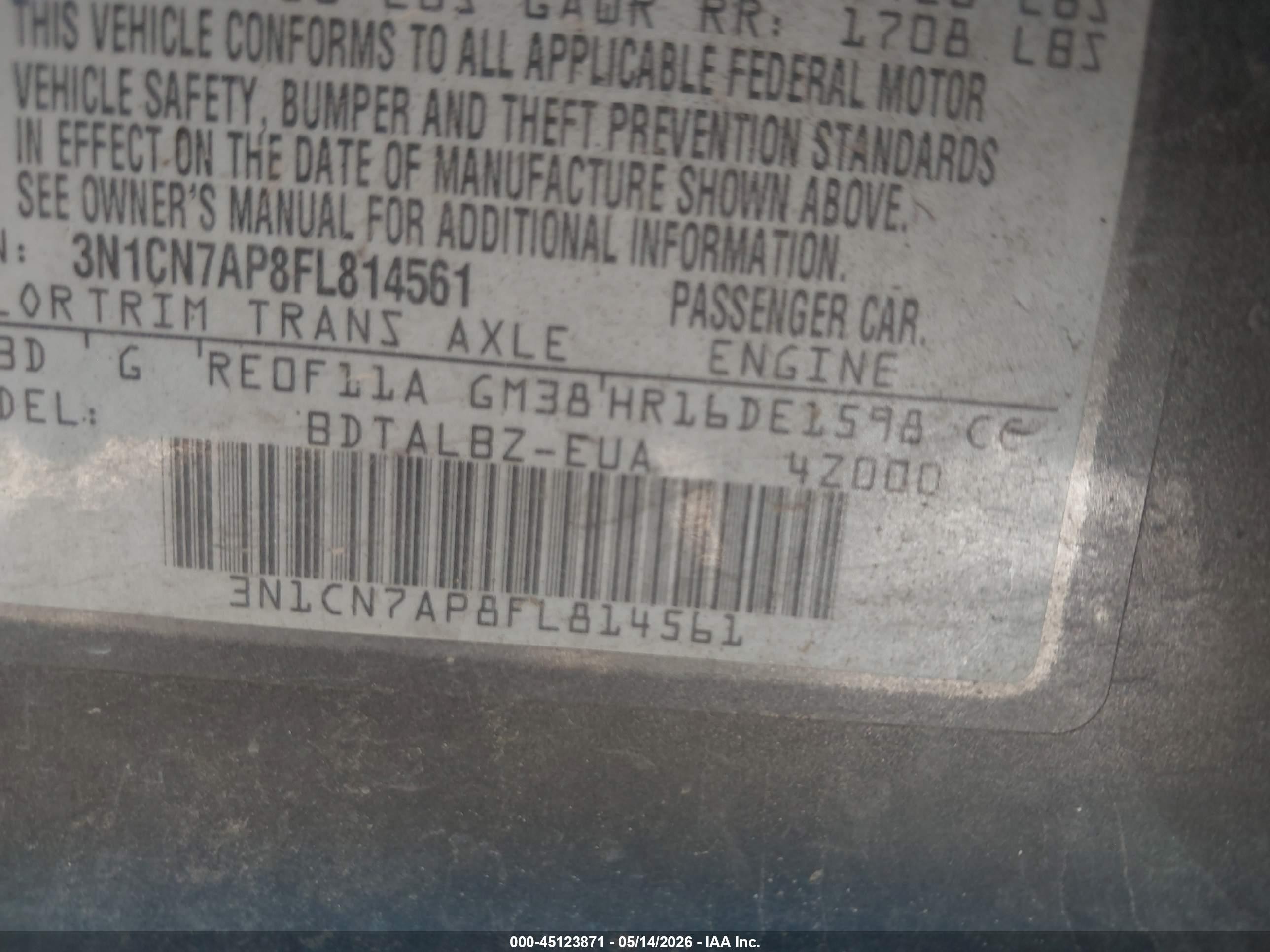 2015 Nissan Versa 1.6 Sv Gray vin: 3N1CN7AP8FL814561