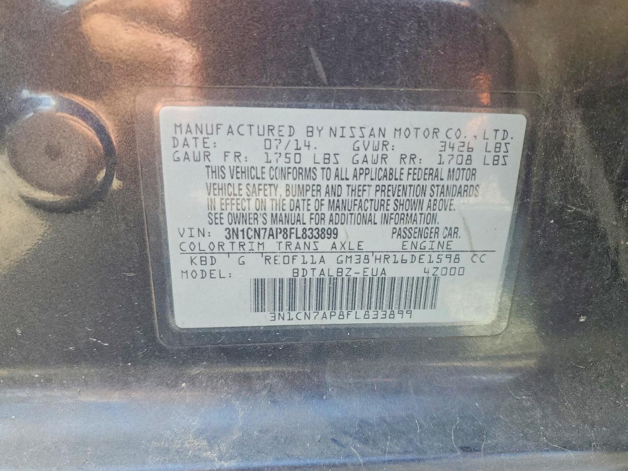 2015 Nissan Versa 1.6 Sv Gray vin: 3N1CN7AP8FL833899